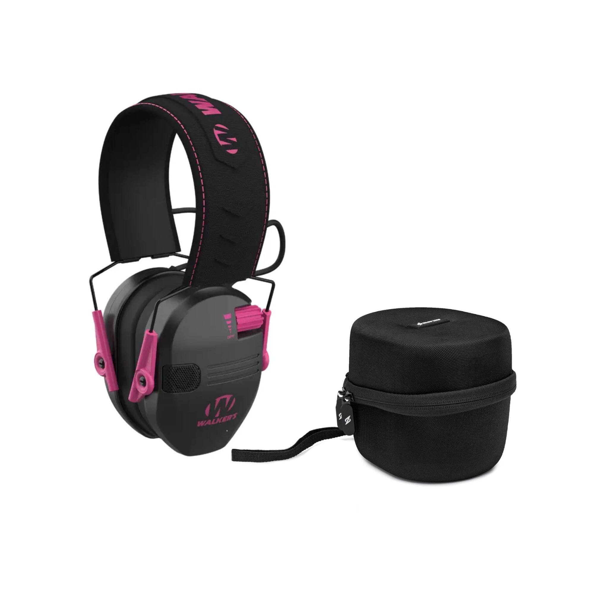 Front. Walkers - Walker's Razor Junior Hearing Protection Muff (Pink) with Protective Case - Black/Pink.