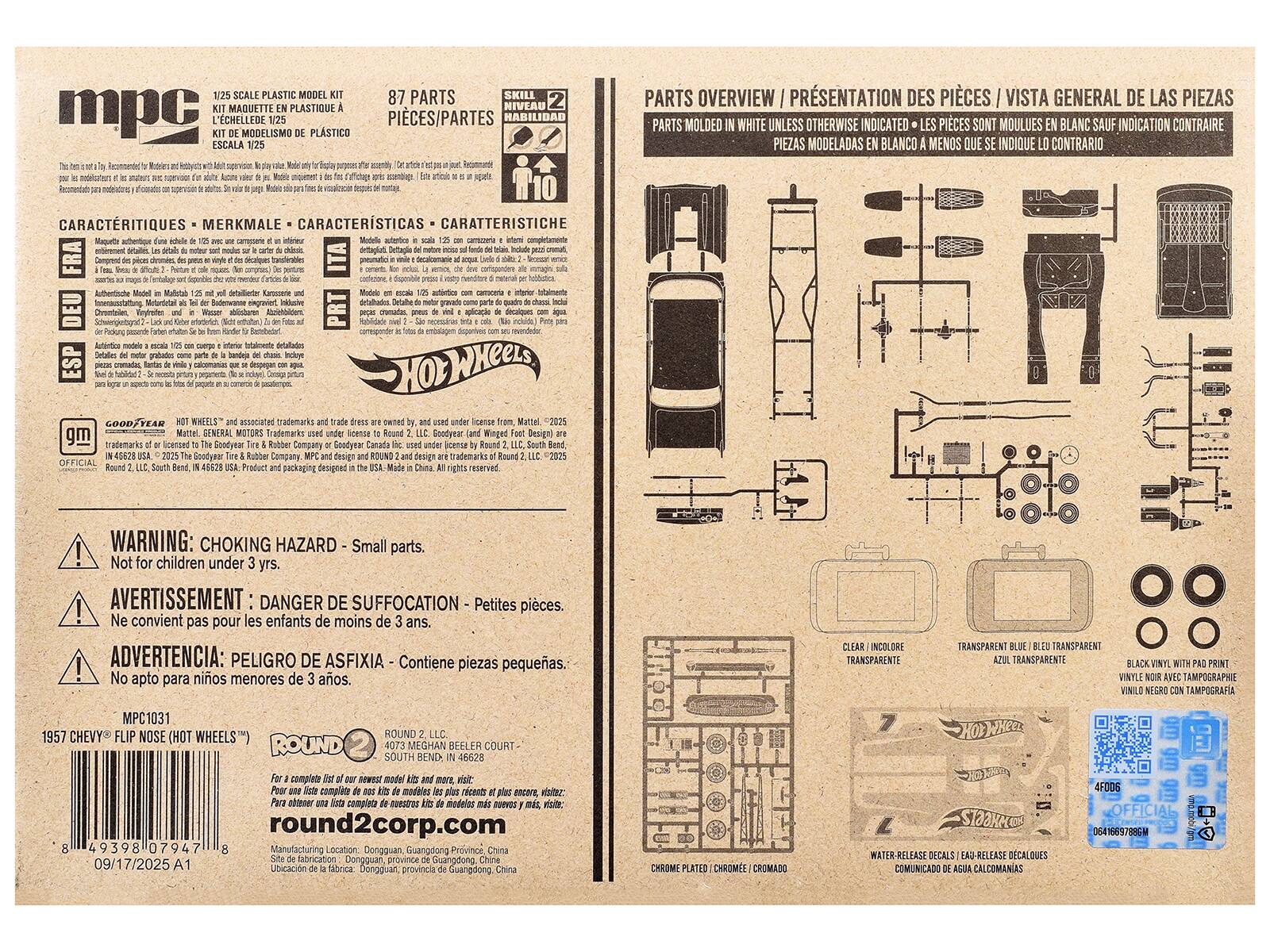 **SCALE PLASTIC MODEL 87 PARTS**

**SKILL MAQUETTE PLASTIQUE NIVEAU**

**MODELISMO PLASTICO PECES/PARTES HABILIDAD**

**PARTS OVERVIEW / PRÉSENTATION DES PIÈCES / VISTA GENERAL DE LAS PIEZAS**

**PARTS MOLDED IN WHITE UNLESS OTHERWISE INDICATED / LES PIÈCES SONT MOULÉES EN BLANC SAUF INDICATION CONTRAIRE / PIEZAS MODELADAS BLANCO MENOS QUE INDIQUE CONTRARIO**

**CARACTERISTIQUES - MERKMALE - CARACTERÍSTICAS**

**WARNING: CHOKING HAZARD - Small parts. Not for children under 3 yrs.**

**AVERTISSEMENT: DANGER DE SUFFOCATION - Petites pièces. Ne convient pas pour les enfants de moins de 3 ans.**

**ADVERTENCIA: PELIGRO DE ASFIXIA - Contiene piezas pequeñas. No apto para niños menores de 3 años.**

**1957 CHEVY 'FLIP NOSE' (HOT WHEELS)**

**