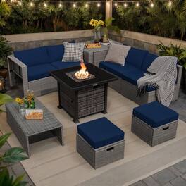 Kadyn - 9 Pieces Outdoor Patio Furniture Set with 32-Inch Propane Fire Pit Table-Navy, Patio Seating Conversation Set - Blue