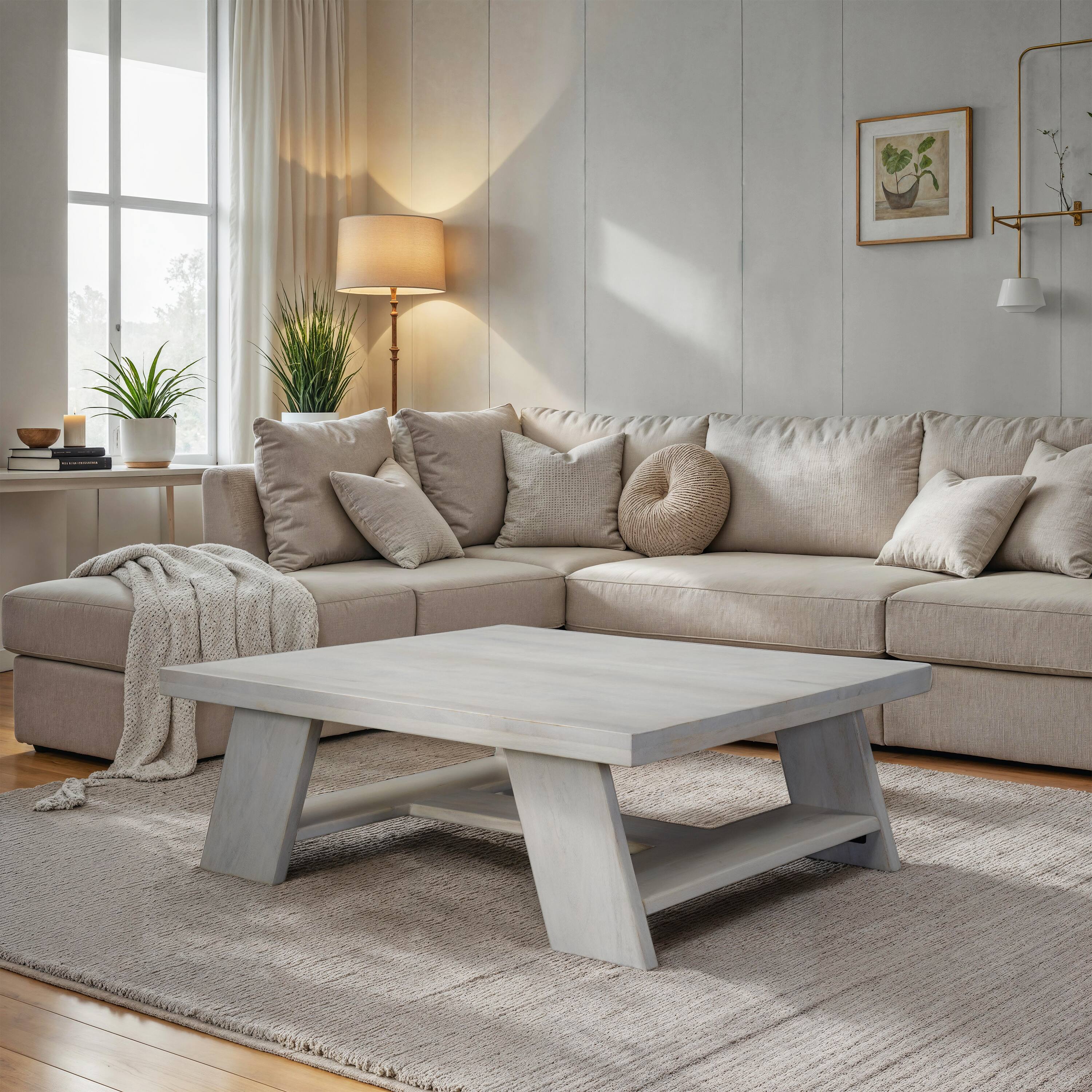 Alt View 9. Manhattan Lane - Aya 40" Square Coffee Table | Biscotti White Mango Wood | Bold Angled Legs - White.