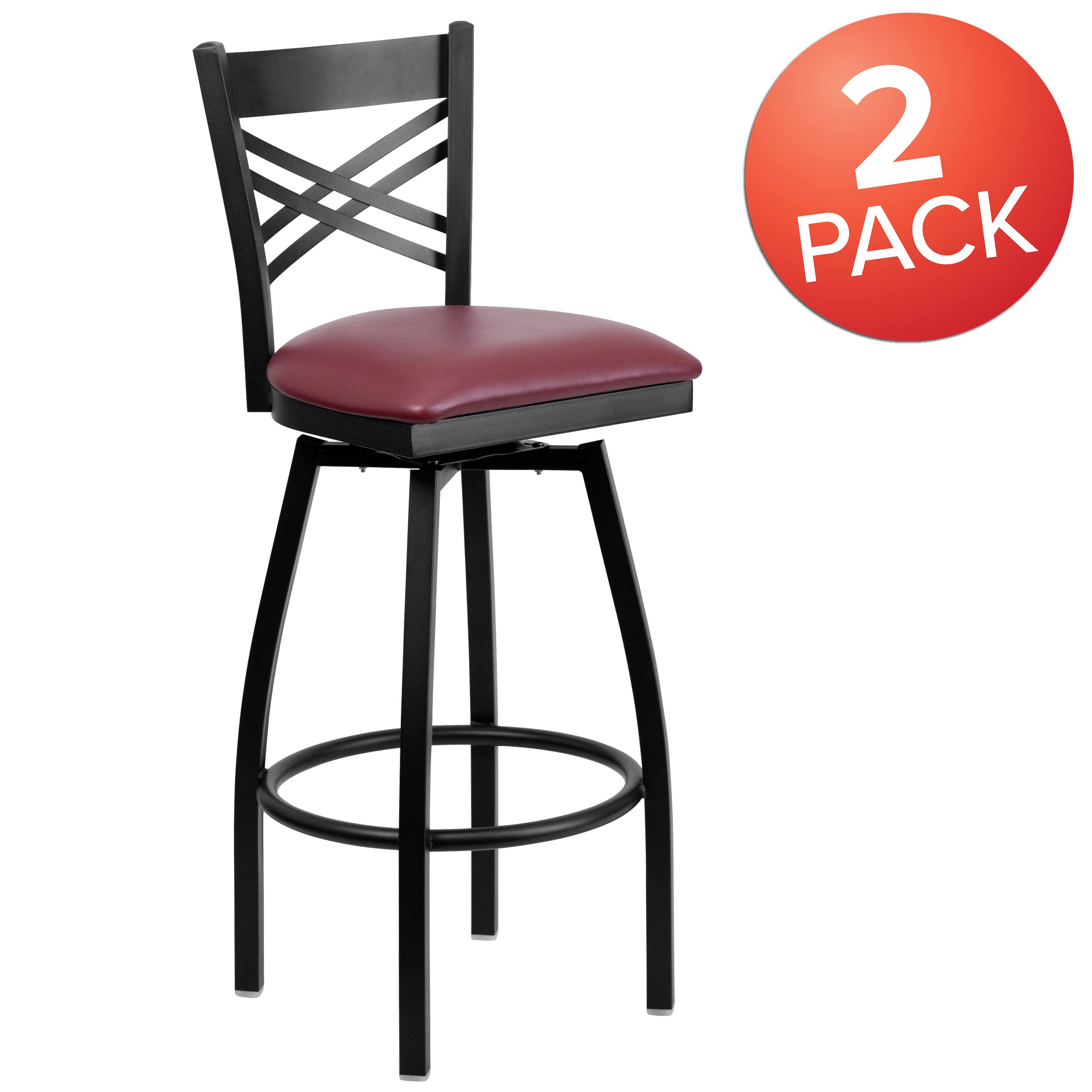 Alt View 1. Emma + Oliver - 2 Pack "X" Back Swivel Metal Barstool - Burgundy Vinyl Seat/Black Metal Frame.