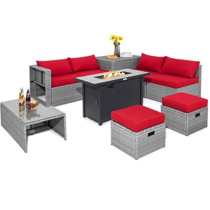 Front. Pefilos - 9 Pieces Patio Furniture Set with 42 Inches 60000 BTU Fire Pit-Red, Wicker Furniture Conversation Sets - Red.
