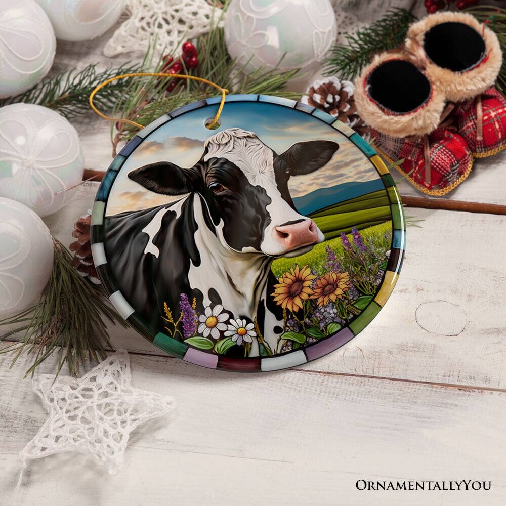 Back. OrnamentallyYou - Stained Glass Bucolic Farm Cow Scene in the Pasture Ornament - Multi-colored.