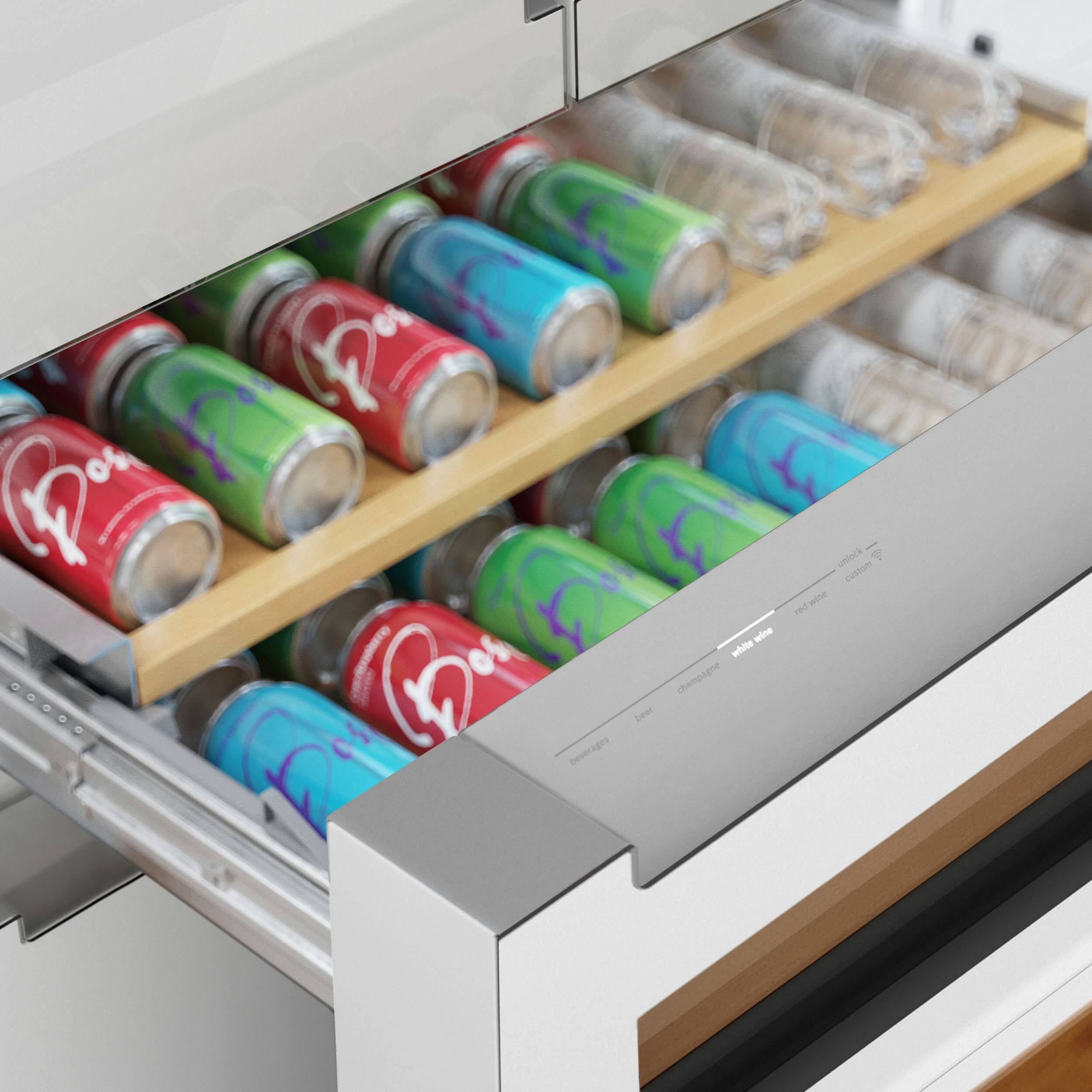 The text on the image reads: "Be beverages wine white champagne beer: lock 7 custom wine red." It seems to be a description of the beverages stored in the refrigerator. The refrigerator is filled with various drinks, including wine, champagne, and beer. The image shows a close-up of the refrigerator with the drinks neatly arranged on shelves.