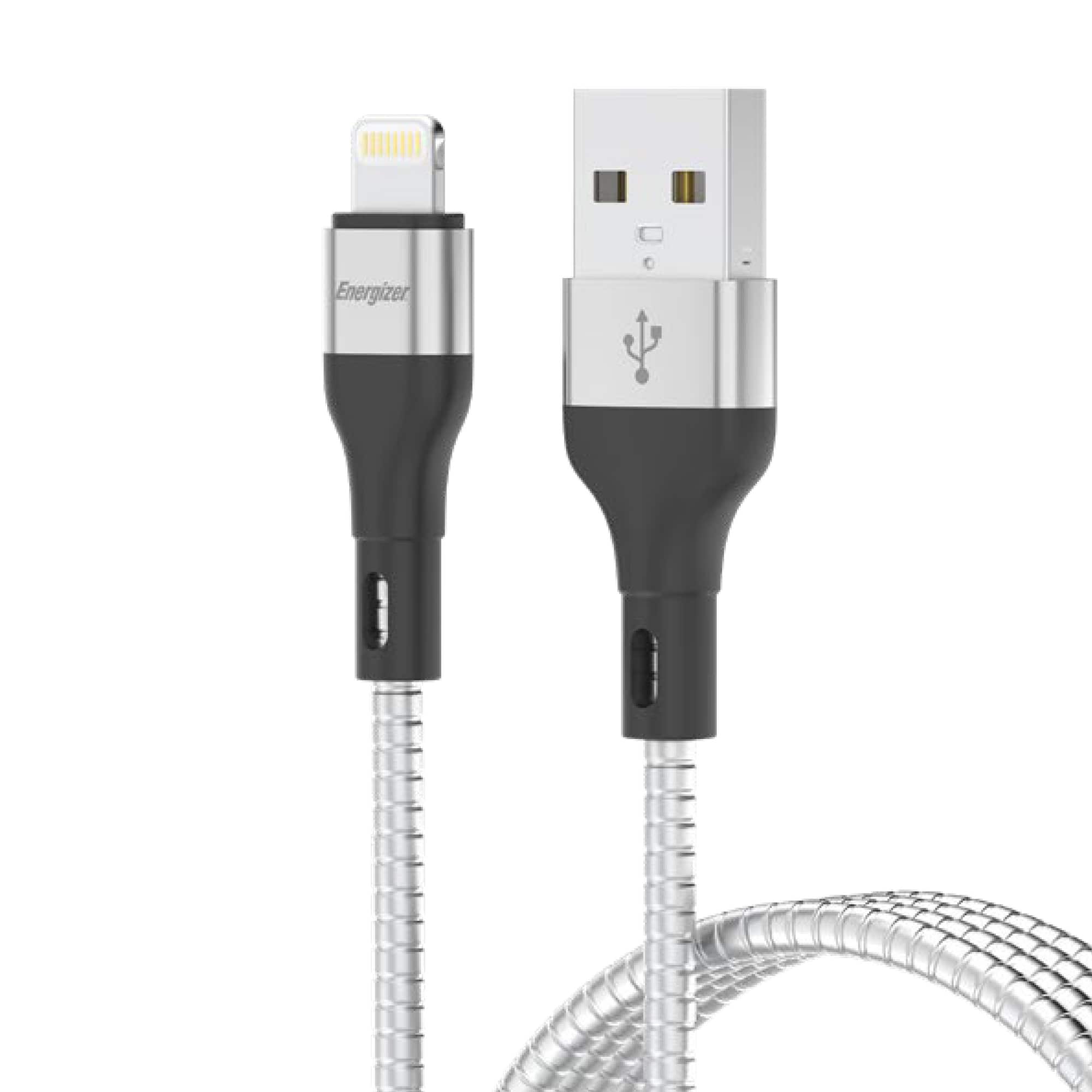 Energizer - Metal USB Cable – 4ft Lightning to USB, Durable Metal Cord, and Rugged Aluminum Alloy Shell - Black/White