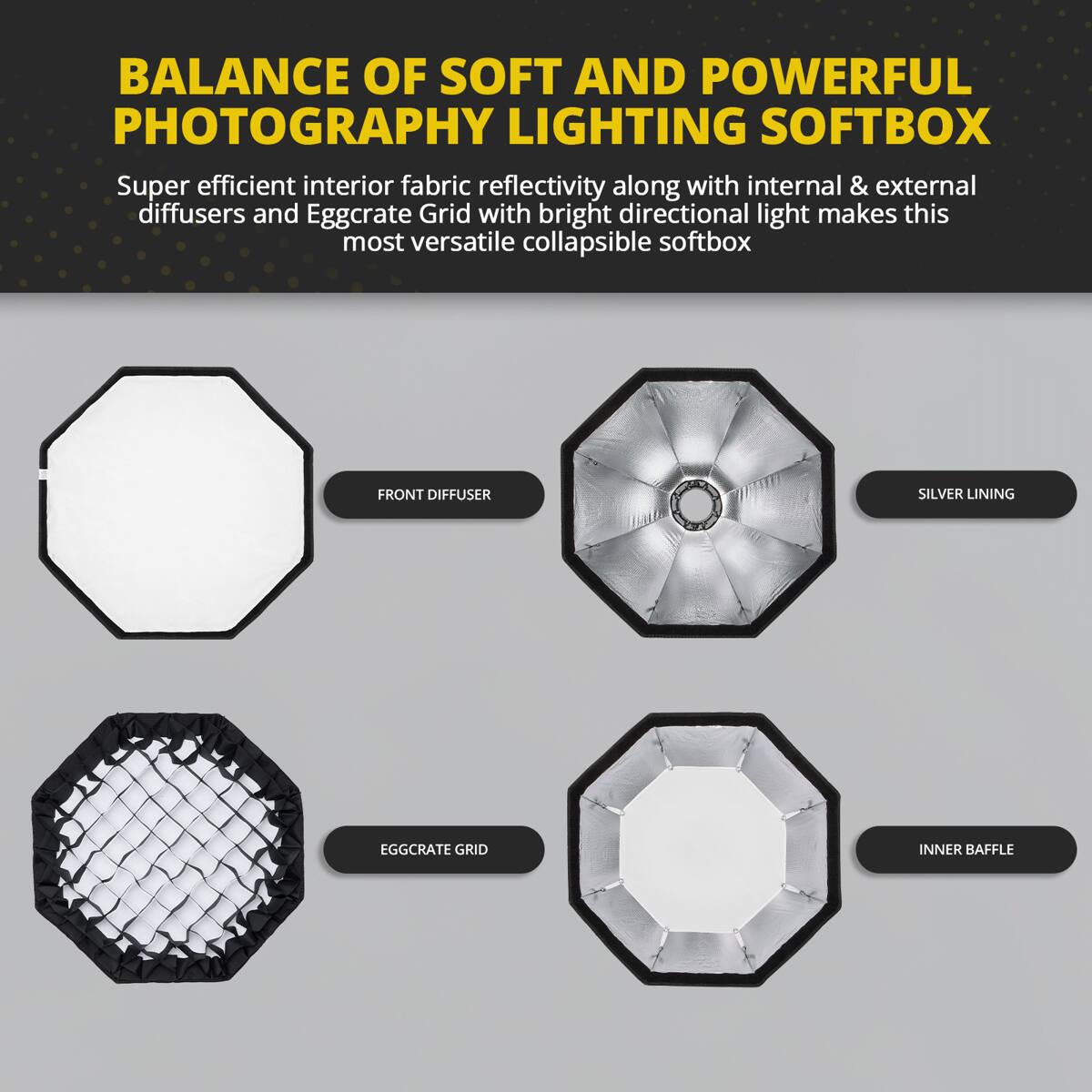 BALANCE OF SOFT AND POWERFUL PHOTOGRAPHY LIGHTING SOFTBOX

Super efficient interior fabric reflectivity along with internal & external diffusers and Eggcrate Grid with bright directional light makes this most versatile collapsible softbox

FRONT DIFFUSER
SILVER LINING
EGGCRATE GRID
INNER BAF