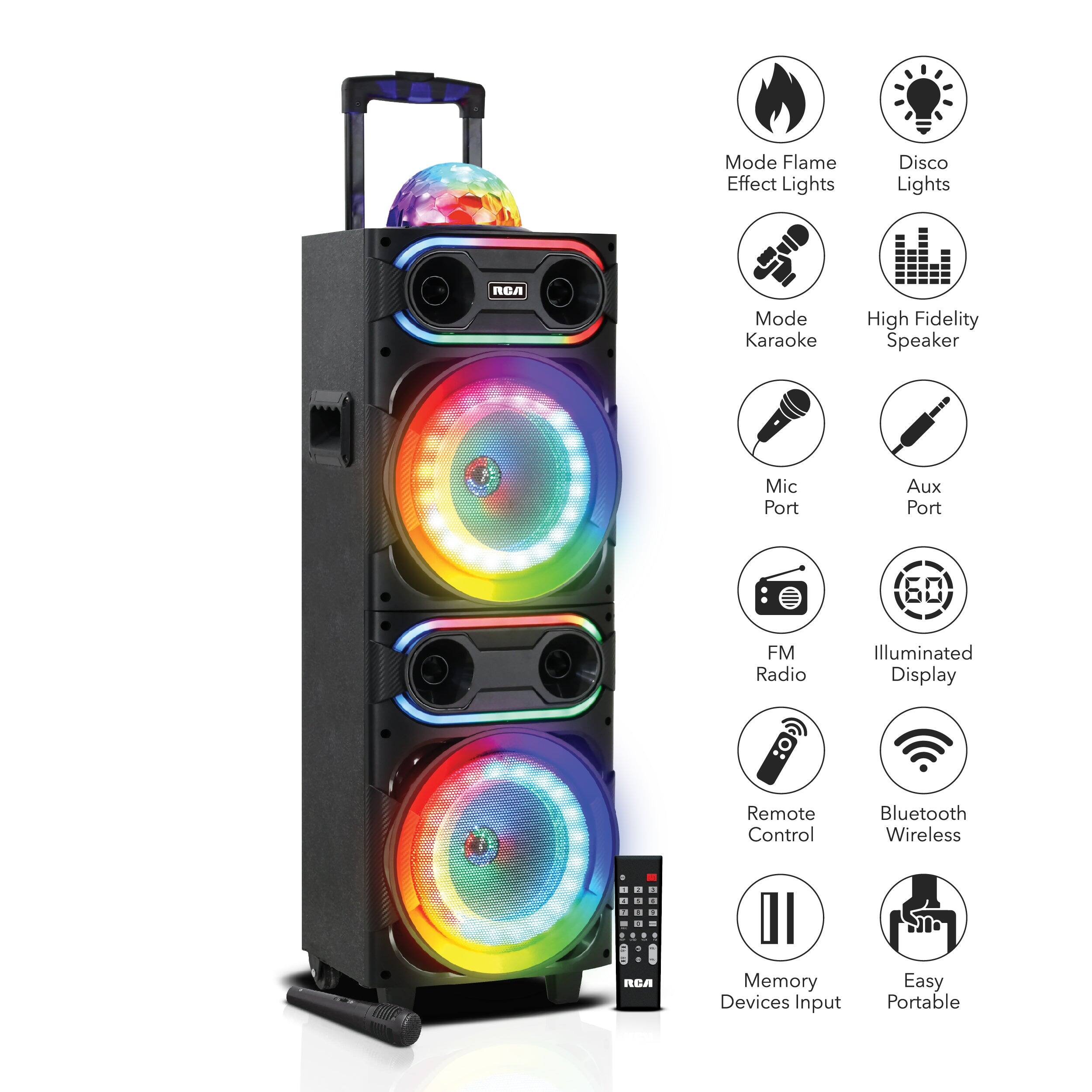 - Mode Flame Effect Lights
- Disco Lights
- Mode Karaoke
- High Fidelity Speaker
- Mic Port
- Aux Port
- FM Radio
- Illuminated Display
- Remote Control
- Bluetooth Wireless
- Memory Devices Input
- Easy Portable