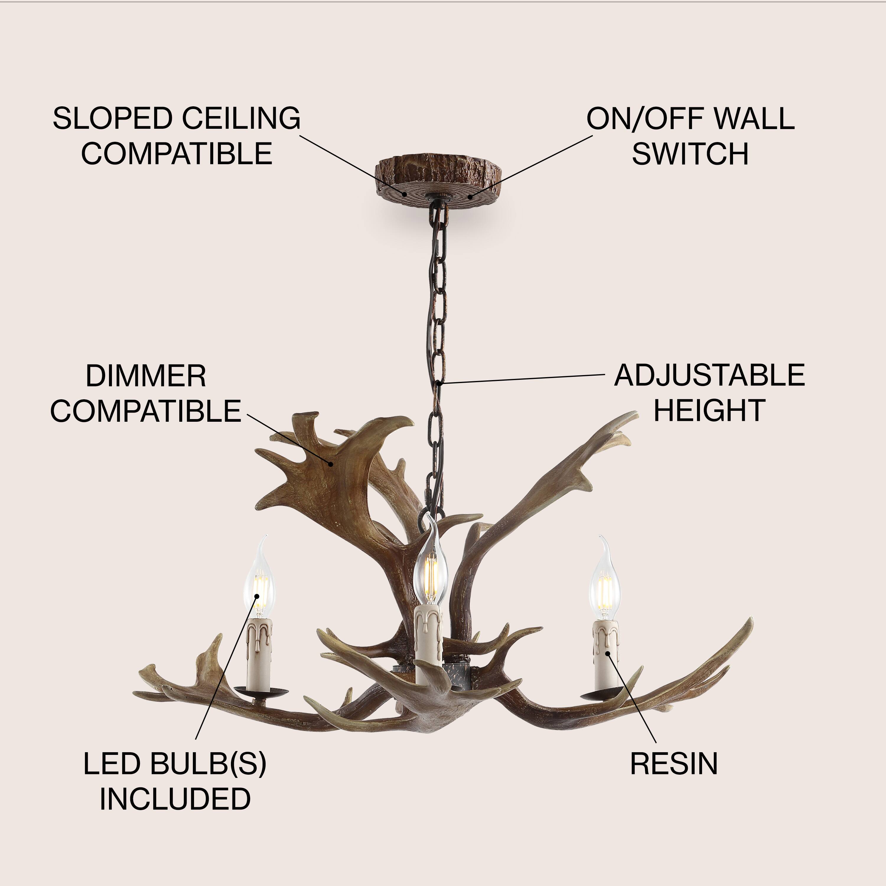 SLOPED CEILING COMPATIBLE  
ON/OFF WALL SWITCH  
DIMMER COMPATIBLE  
ADJUSTABLE HEIGHT  
LED BULB(S) INCLUDED  
RESIN
