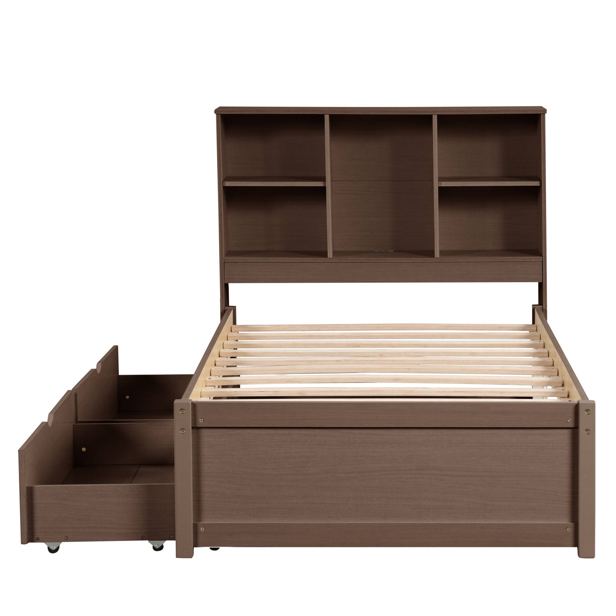 Alt View 1. GOODSILO - Contemporary Twin Size Bed Frame with USB Charging Port, Bookcase Headboard, and Underbed Storage Drawers - Walnut.