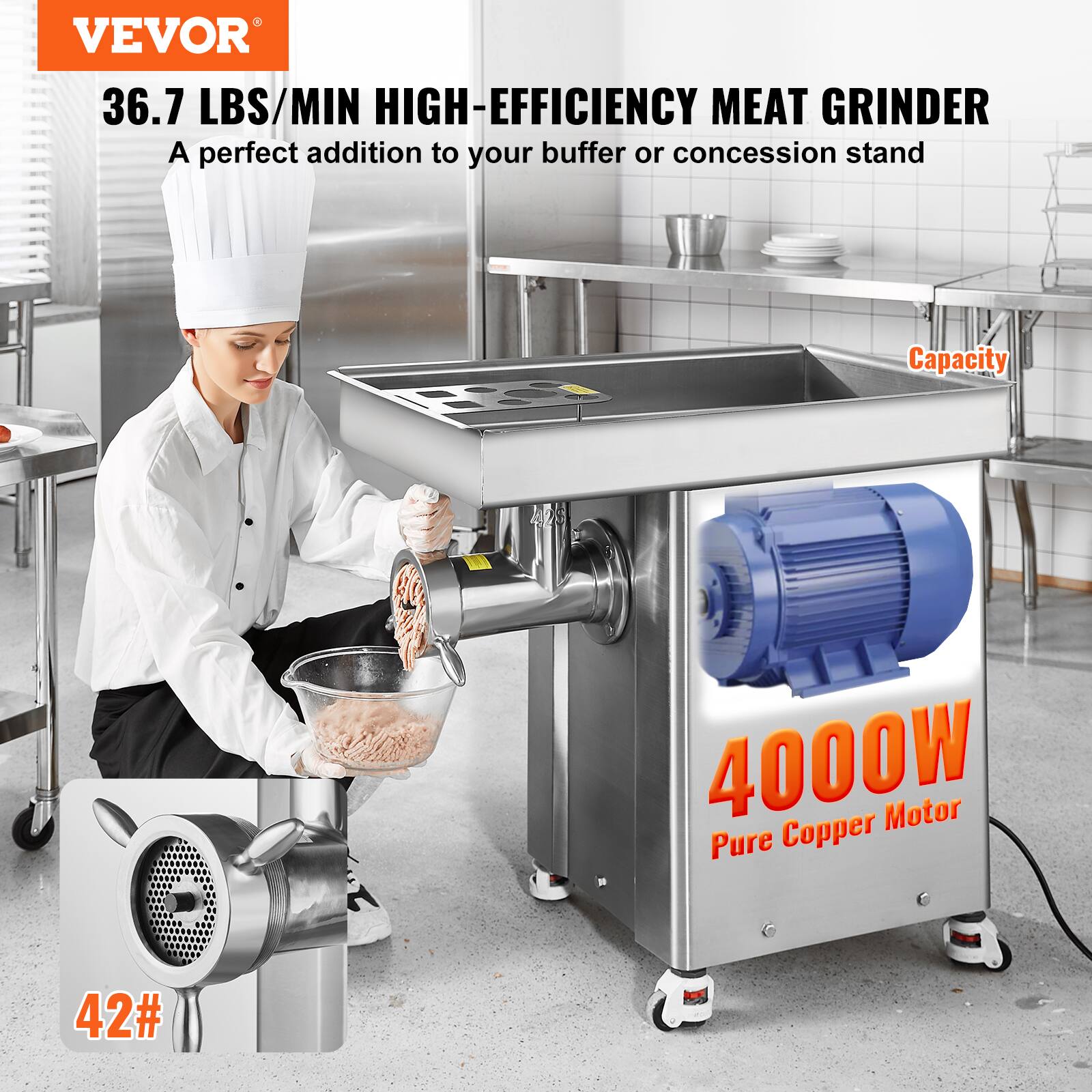 VEVOR 36.7 LBS/MIN HIGH-EFFICIENCY MEAT GRINDER A perfect addition to your buffer or concession stand Capacity 4000W Motor Pure Copper 42#