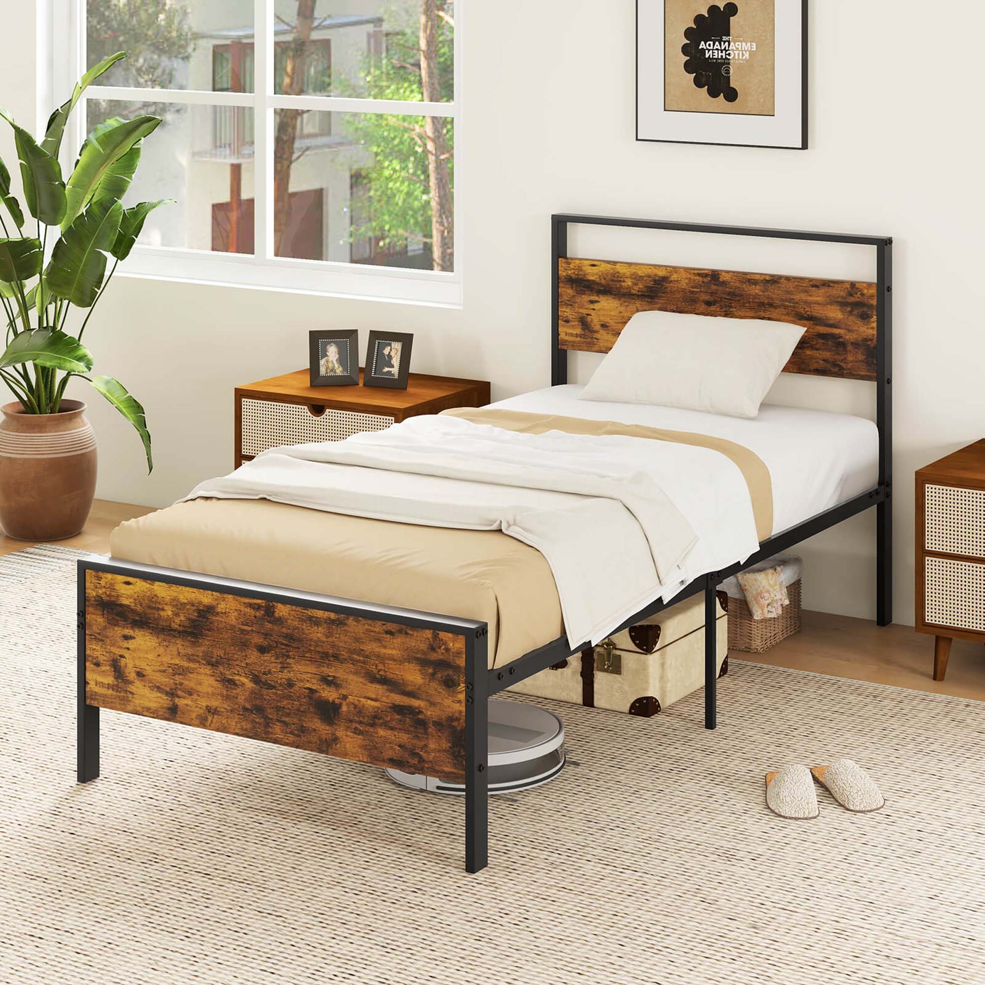 Alt View 5. Costway - Twin Size Bed Frame with Wooden Headboard and Footboard Under-Bed Storage - Brown.