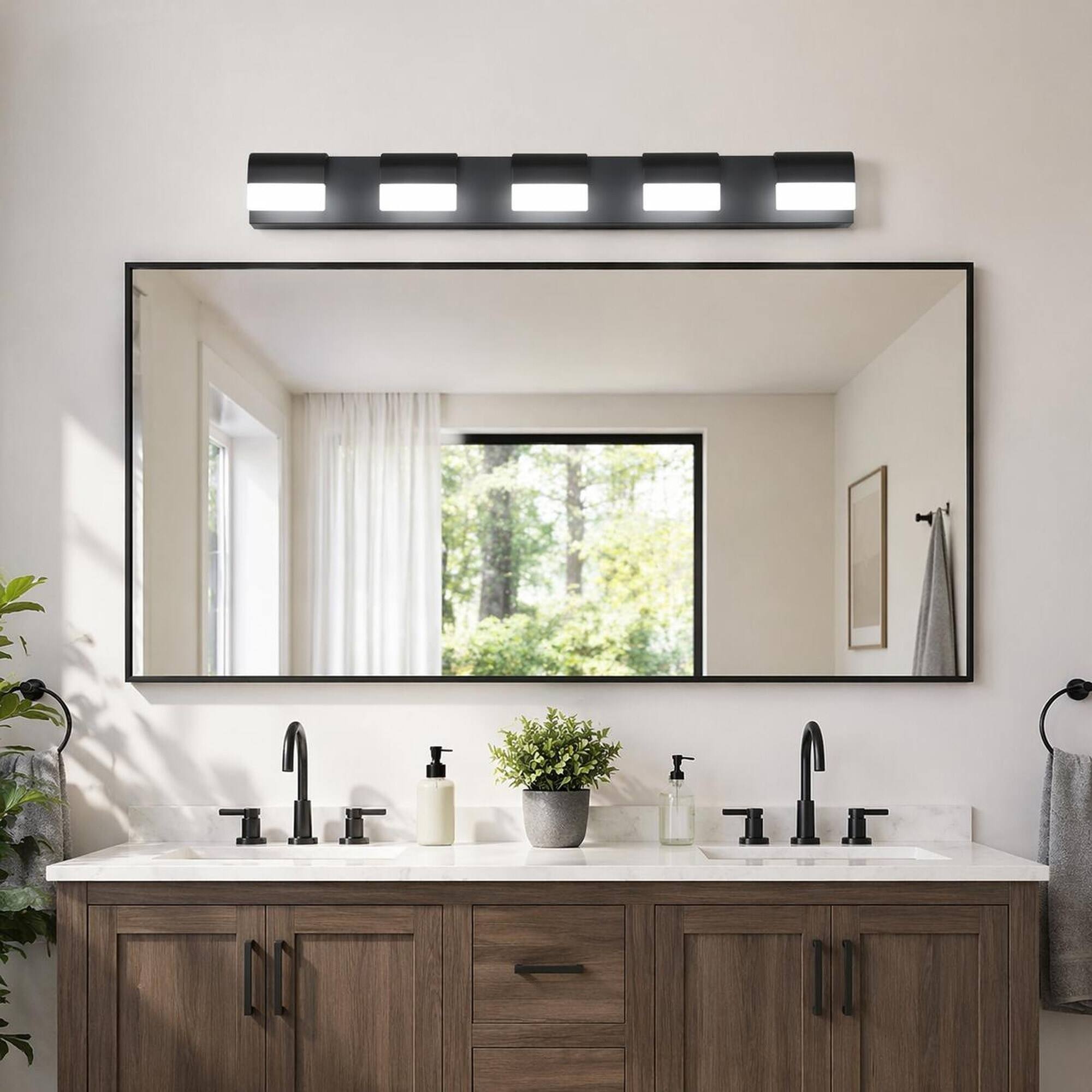 Left. RYHNUYNE - 5‑Light Black LED Bathroom Vanity Light,Modern Acrylic Wall Mount Vanity Mirror Light for Bathroom Mirror - Black.