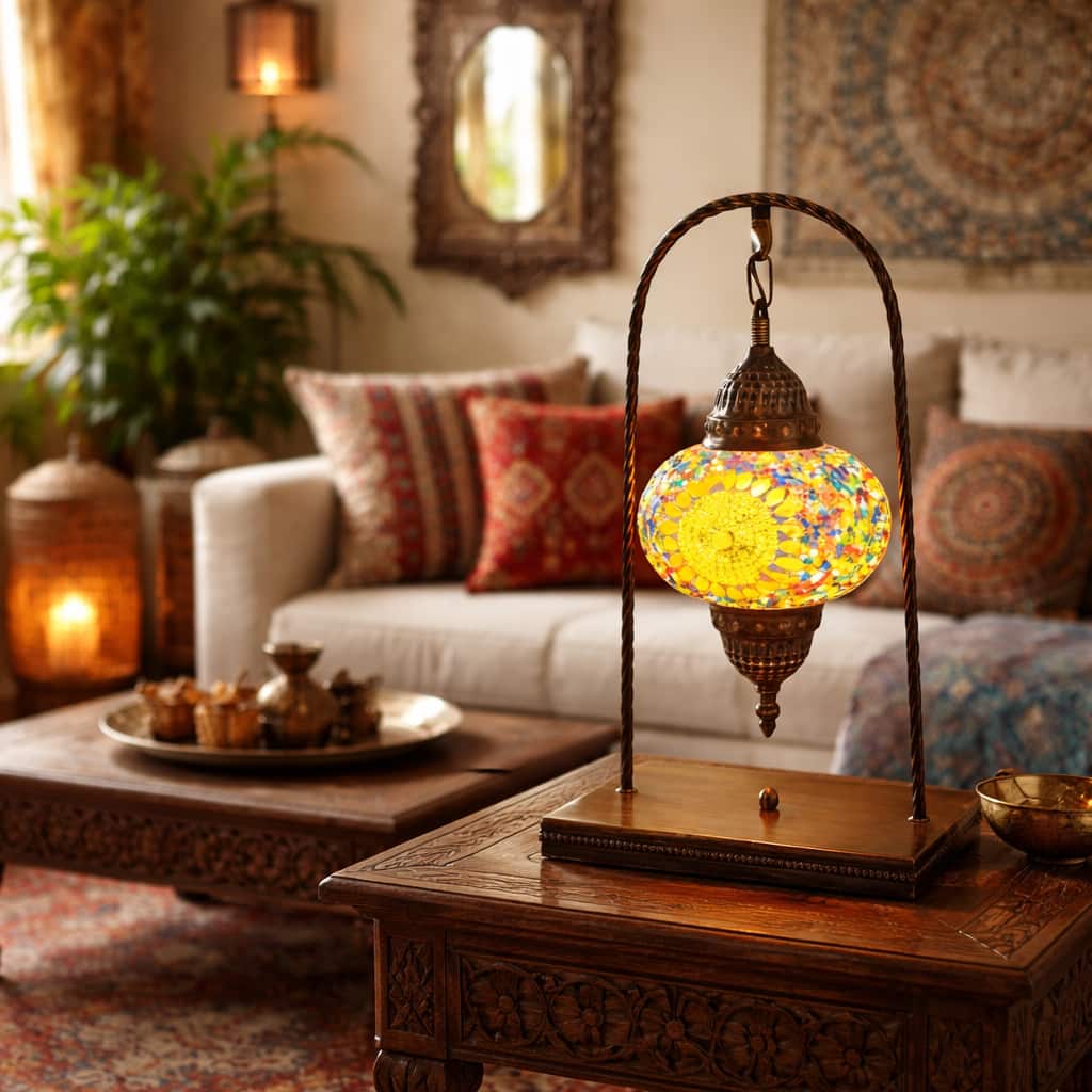FC Design - 17"H Bronze Arch Base Globe Yellow Flowery Mosaic Turkish Lamp