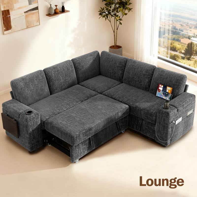 Back. Dyonery - 85" Modular 5 Seat L Shaped Couch with Reclining Backrest|USB Ports|Cup Holders|Side Table|Storage Chaise Armrests - Grey.