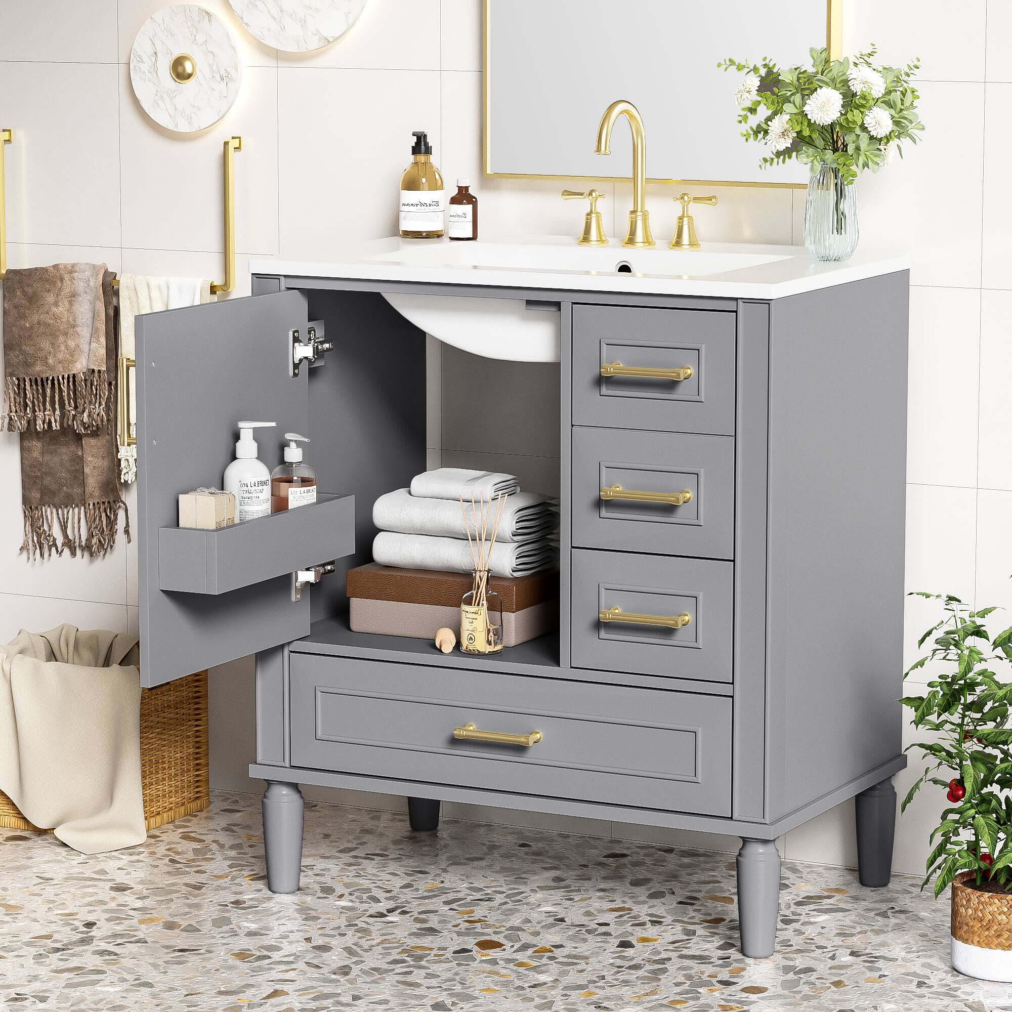 Left. Tiramisubest - 30" Bathroom Vanity with Ceramic Sink with Built-in Shelf, Deep Drawer, Standard Drawer, Long Divider Drawer - Gray.