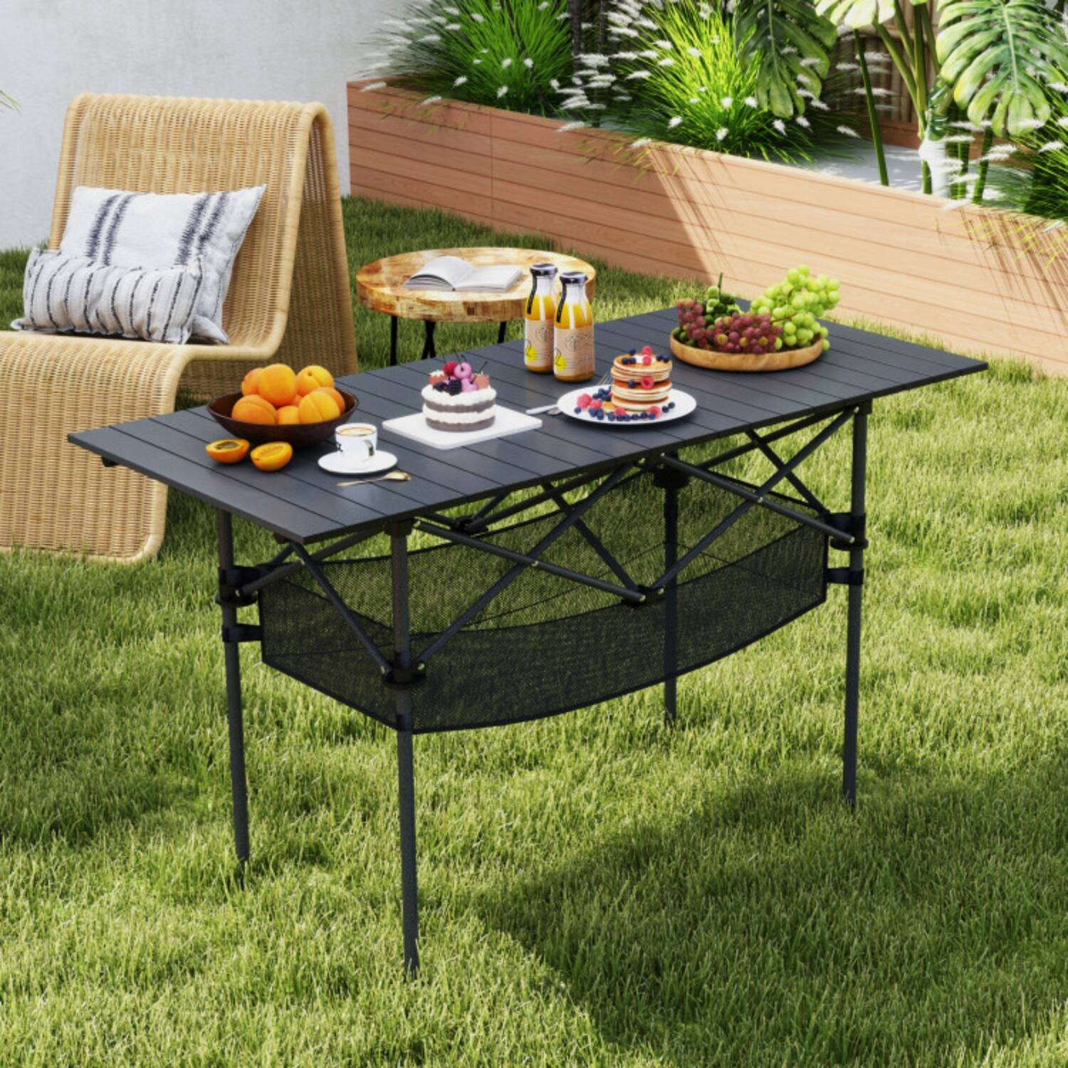 Alt View 3. Mondawe - 47" Folding Camping Table w Roll-Up Aluminum Top & Mesh Basket 220 lbs for 4-6 People - Black.