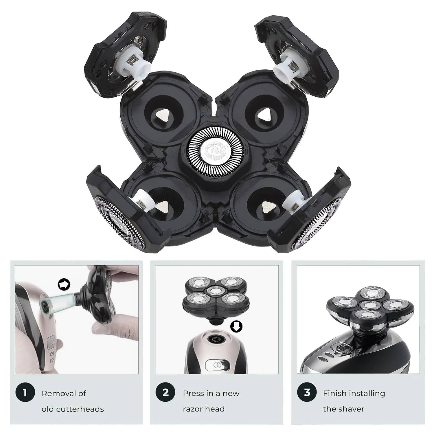 1. Removal of old cutterheads  
2. Press in a new razor head  
3. Finish installing the shaver