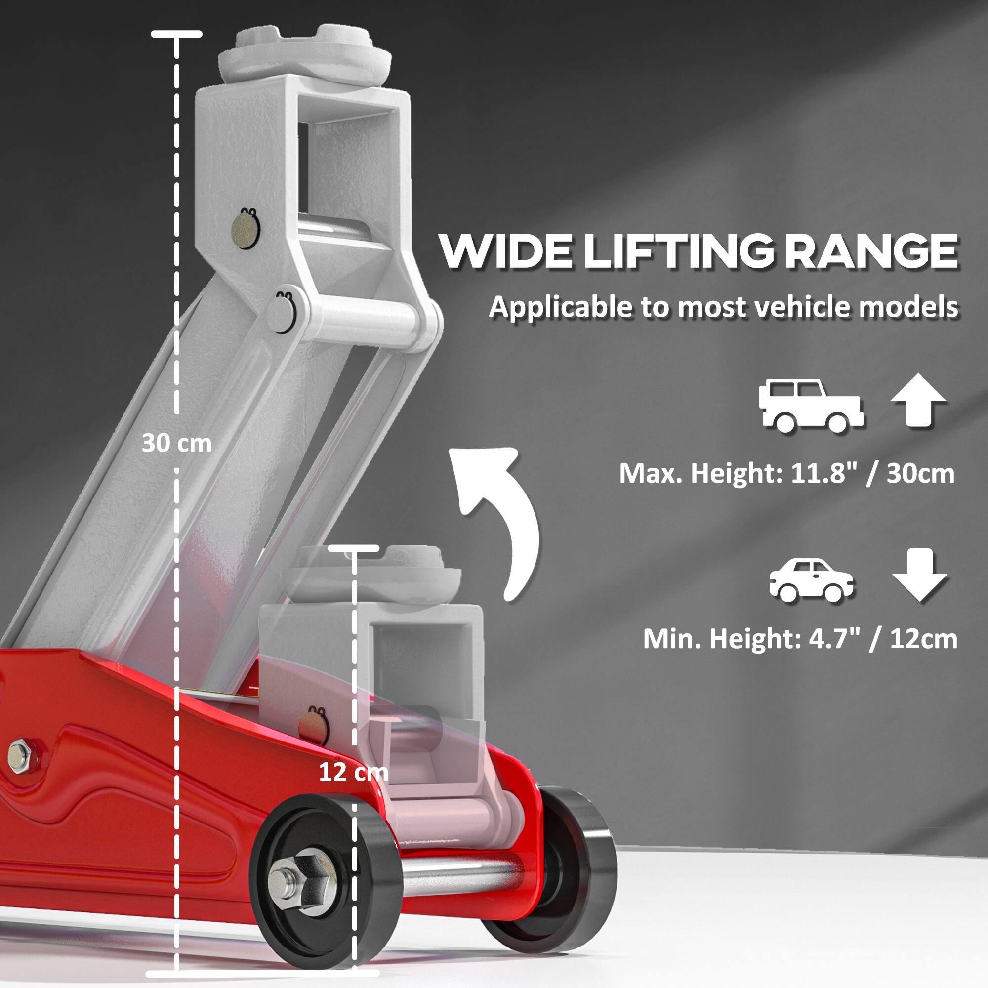WIDE LIFTING RANGE  
Applicable to most vehicle models  

Max. Height: 11.8" / 30cm  
Min. Height: 4.7" / 12cm  

www.al-ably.com