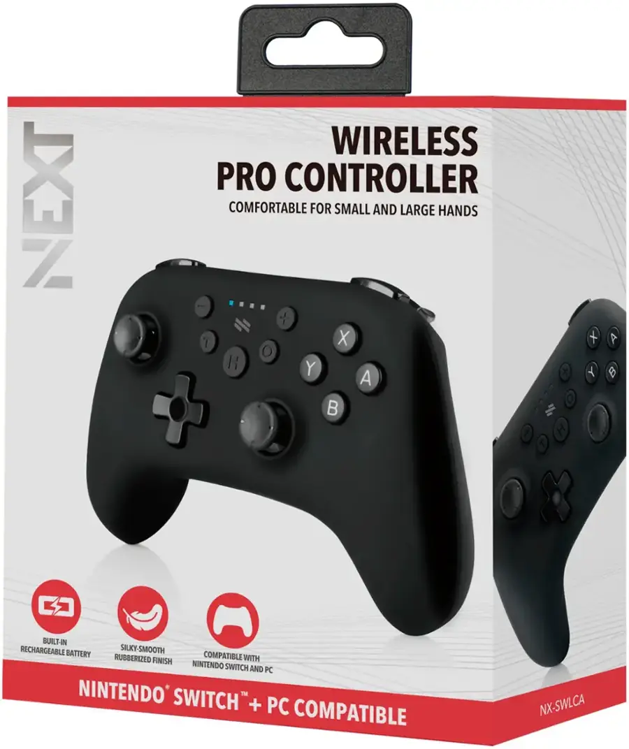 NEXT WIRELESS PRO CONTROLLER COMFORTABLE FOR SMALL AND LARGE HANDS BUILT-IN RECHARGEABLE BATTERY SILKY-SMOOTH RUBBERIZED COMPATIBLE WITH FINISH NINTENDO SWITCH AND PC NINTENDO SWITCH + PC COMPATIBLE NX-SWLCA