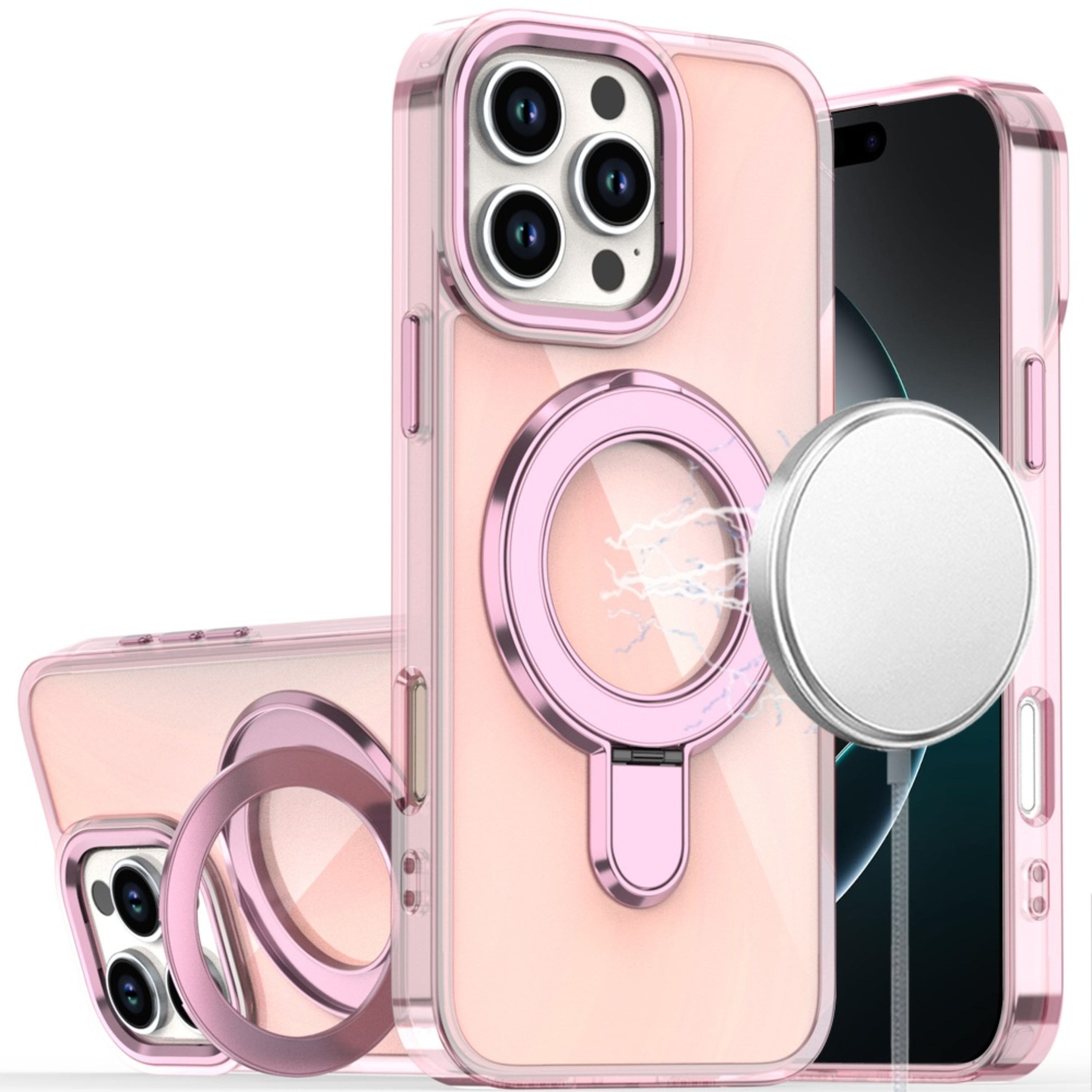 Kitcheniva - Glossy Chrome Ring Stand Protective Case With Tempered Glass For iPhone 16 Pro Max - Light Pink