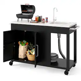 Costway - 56" Outdoor Grill Table with Sink & Drainage with Stainless Steel Top - Black