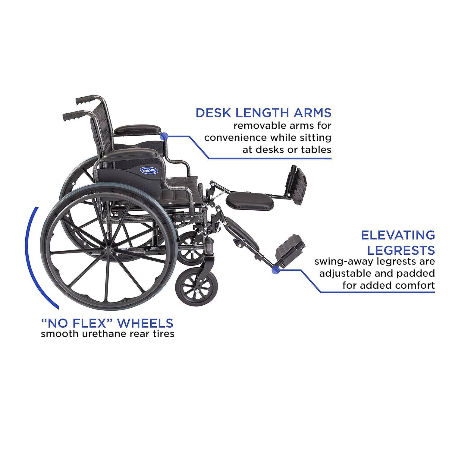 - DESK LENGTH ARMS: removable arms for convenience while sitting at desks or tables
- ELEVATING LEGRESTS: swing-away legrests are adjustable and padded for added comfort
- "NO FLEX" WHEELS: smooth urethane rear tires