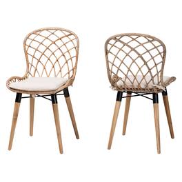 bali & pari - Sabelle Modern Bohemian Finished Teak Wood and Rattan 2-Piece Dining Chair Set - Greywash/Natural Brown/White