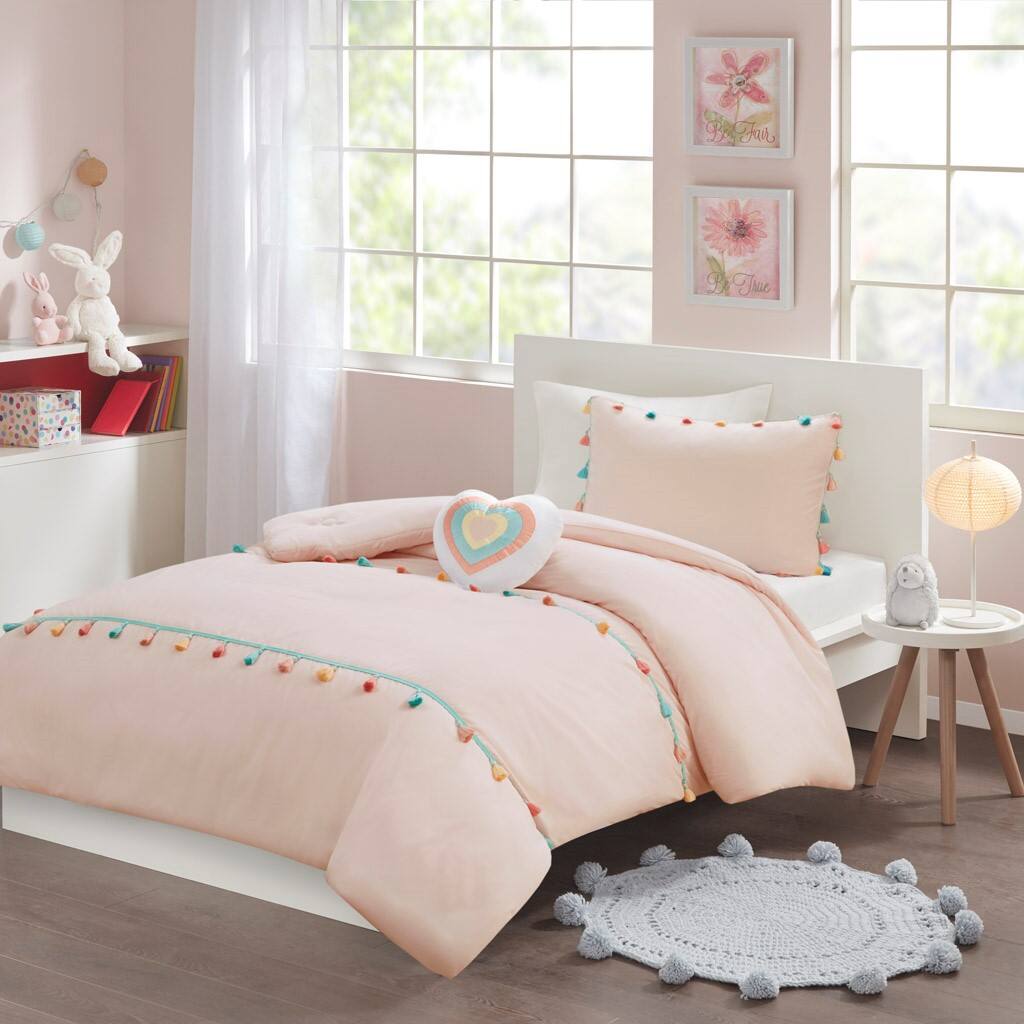 Alt View 1. Gracie Mills - Gracie Mills Xylon Solid Tassel Comforter Set with Heart-Shaped Throw Pillow - Blush.