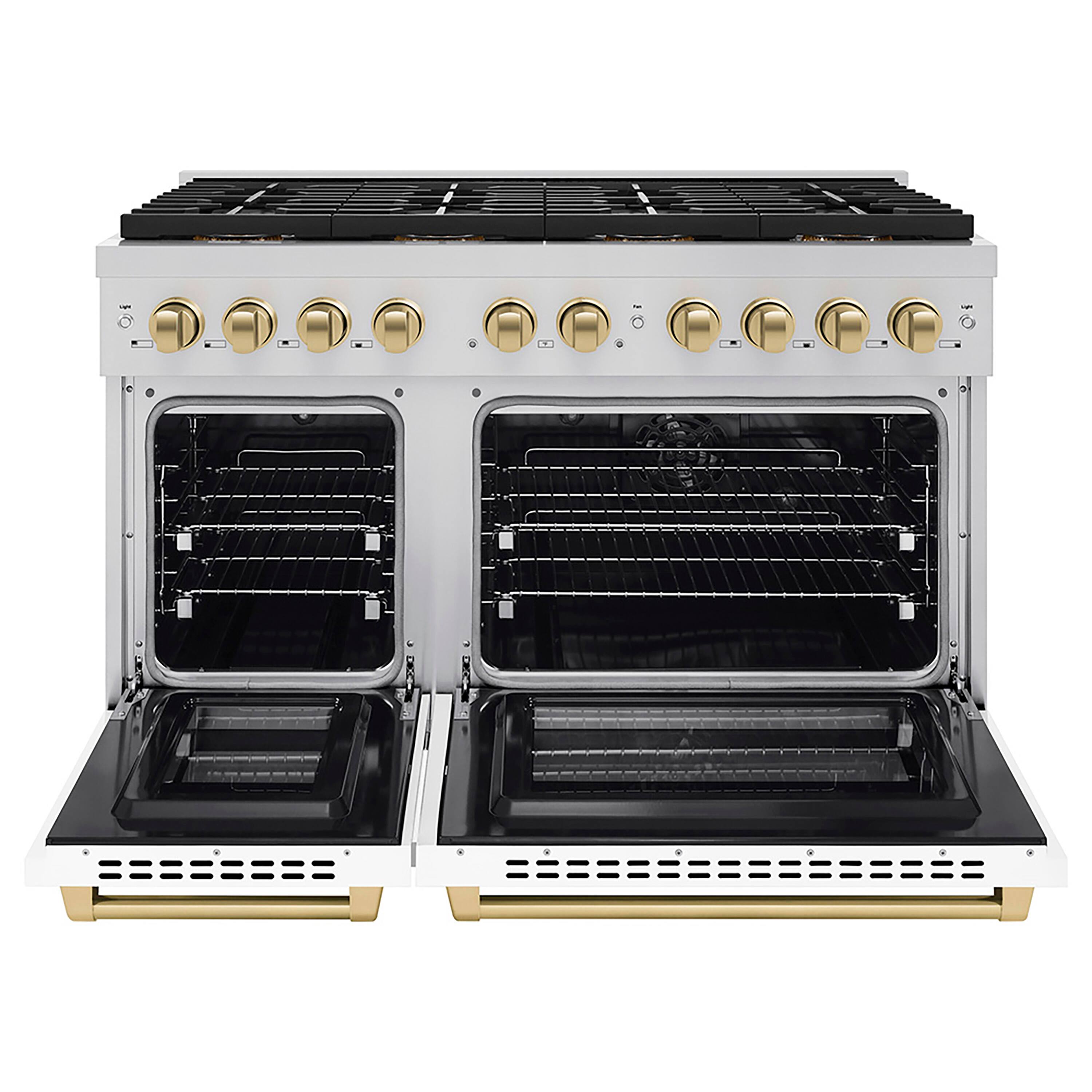 Angle. ZLINE - ZLINE Autograph 48 in. Paramount Dual Fuel Range w/ DuoPro Cooktop & White Doors w/ Bronze Accents (PSDRZ-WM-48-CB) - Stainless Steel with White Matte Door.