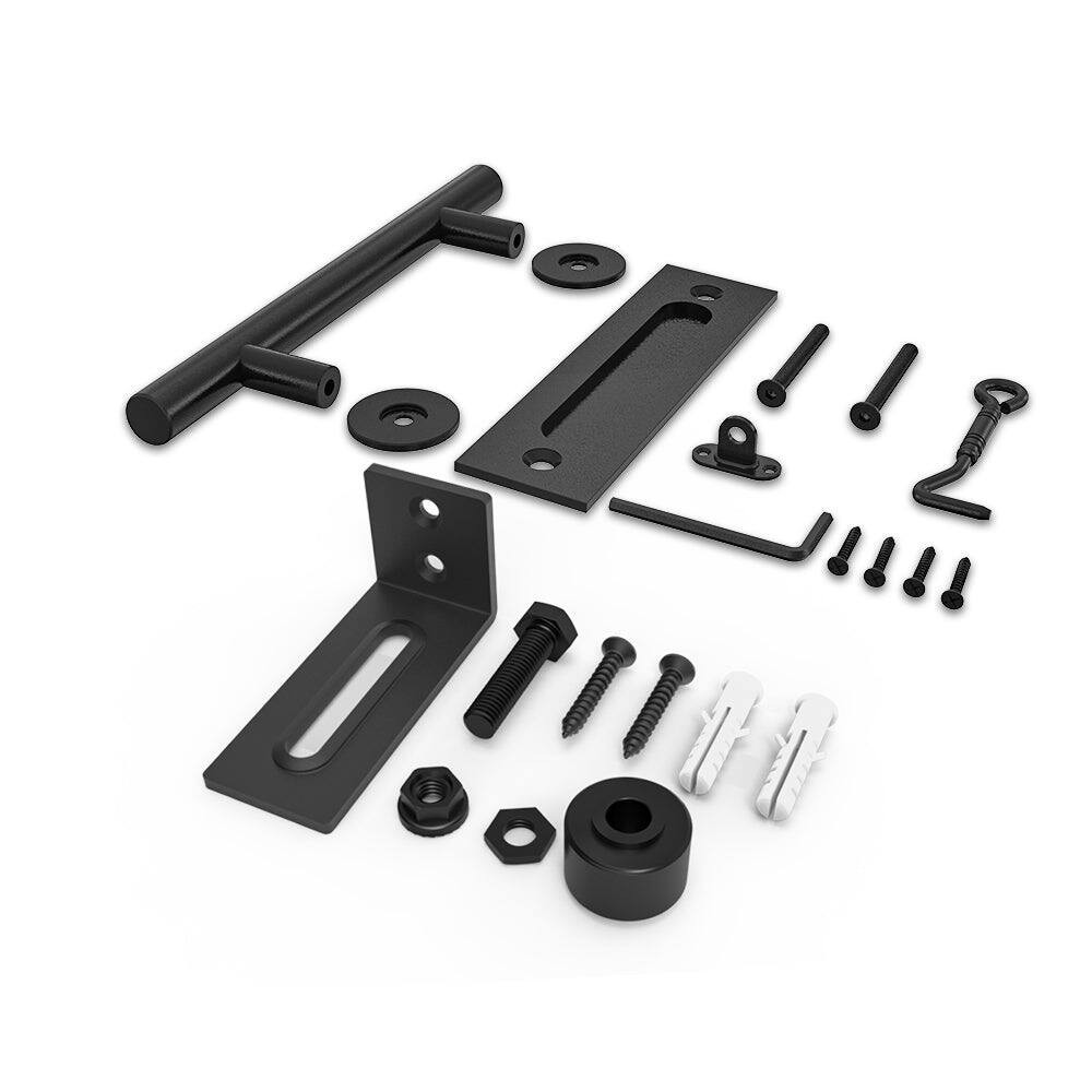 Front. Boyel Living - 12 in. Black Ladder Pull and Flush Sliding Barn Door Handle Set with Floor Guide - Black.