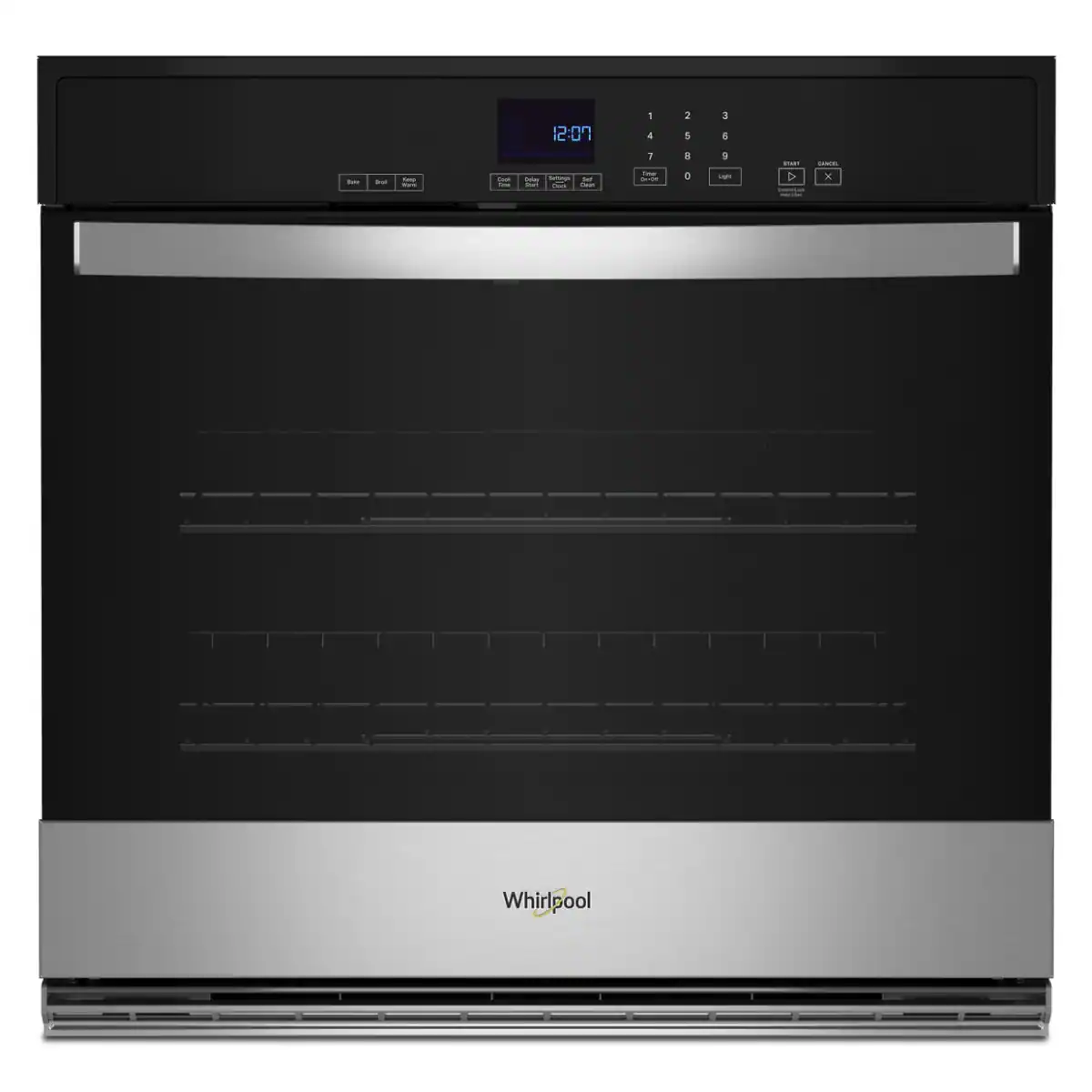 Sure, here is the corrected and grouped text from the image:

- Whirlpool
- 12:07
- Start
- Cancel
- Bake
- Broil
- Roast
- Clean
- Timer
- 1 2 3
- 4 5 6
- 7 8 9
- 0
- Light
- Smart
- Sensor
- Start
- Cancel