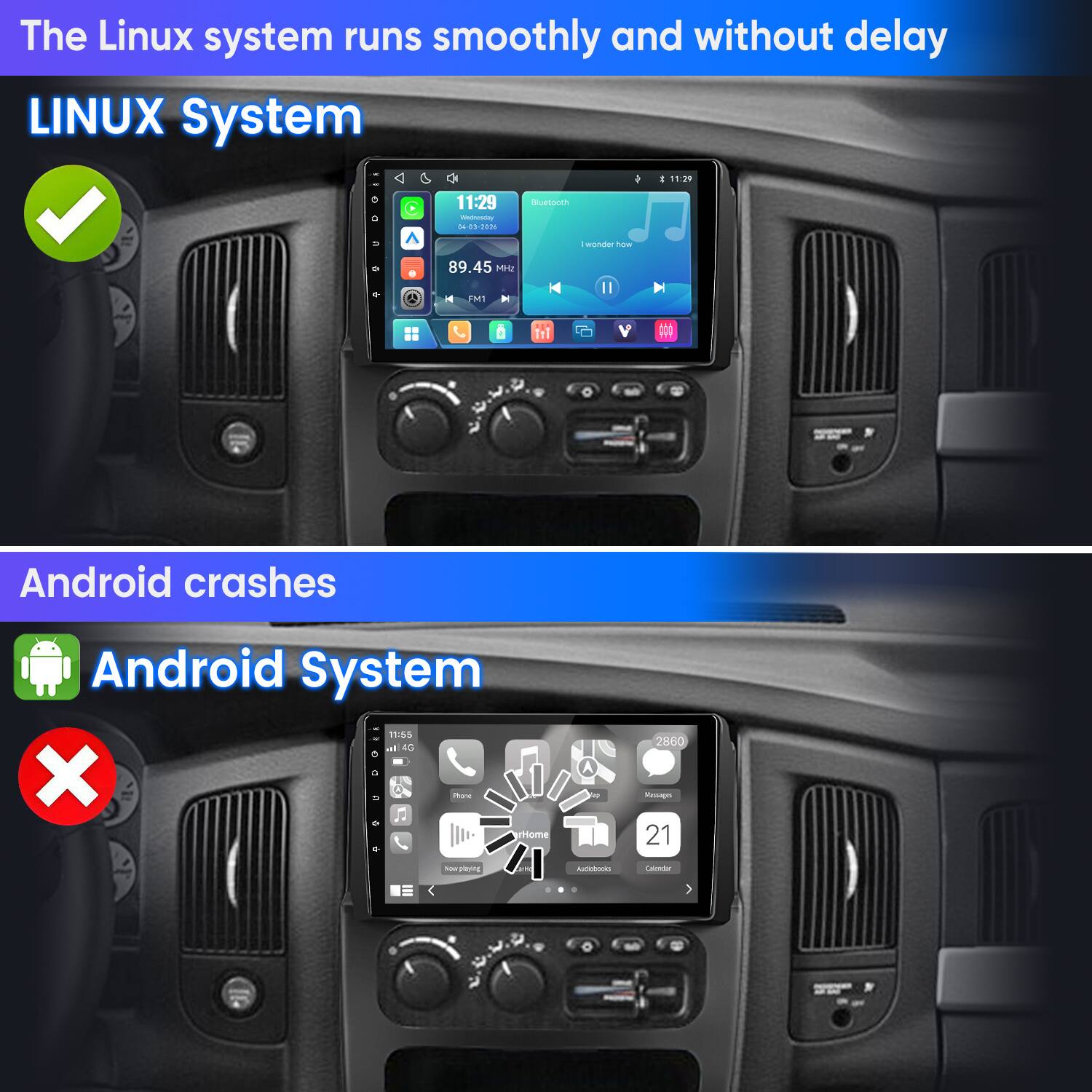 The Linux system runs smoothly and without delay  
LINUX System: 11:29  
11:29 Wednesday 04-03-2026  
Bluetocch  
I wonder how  
89.45 MHz FM1  

Android crashes  
Android System 11:55  
2860 Reeps 21  
Actobooks  
Calendar