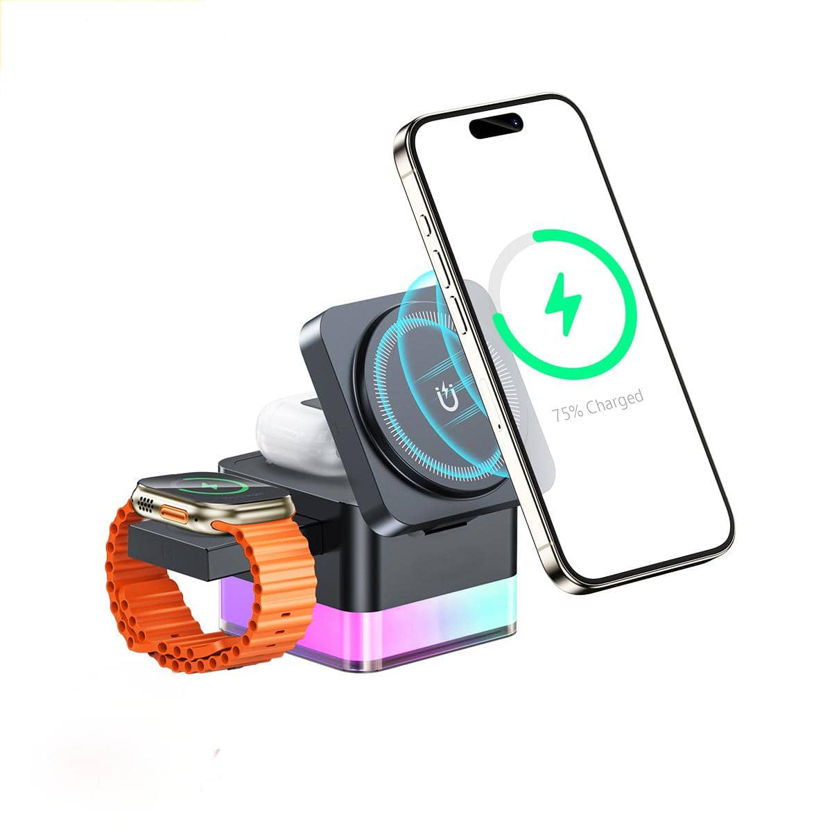 Sugift - 3-in-1  Magnetic Wireless Charging Station with Pop-Up Apple Watch Charger and Night Light - Black