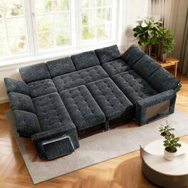 Vipbear - 8 Seat Modular Sectional Sleeper Sofa,Pull-Out Bed, Reclining Backrest, USB Ports, Side Table, Black - Black