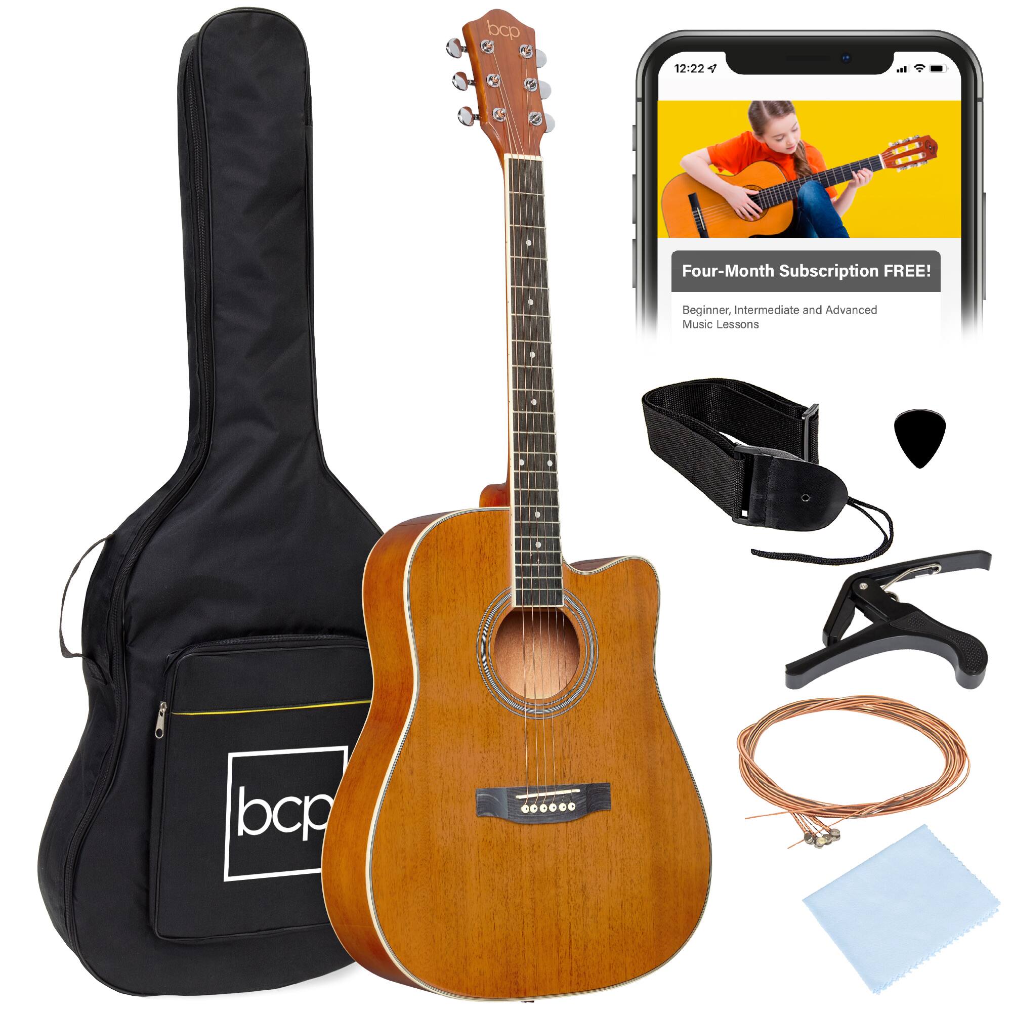 Best Choice Products - 41in Full Size Beginner Acoustic Guitar Set with Case, Strap, Capo, Strings - Natural Mahogany