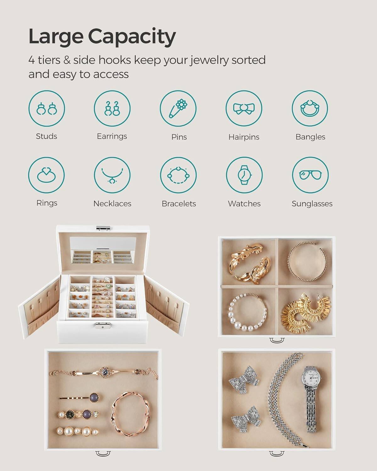 Large Capacity  
4 tiers & side hooks keep your jewelry sorted and easy to access  

- Studs  
- Earrings  
- Pins  
- Hairpins  
- Bangles  
- Rings  
- Necklaces  
- Bracelets  
- Watches  
- Sunglasses