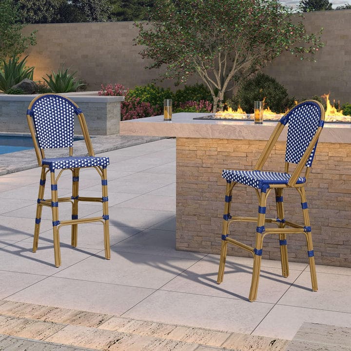 PURPLE LEAF - French Bar Height Bar Stool Set of 2 Patio Bar Chairs with Back Rattan Bar Chairs French Bistro Set - Bamboo Pattern/Royal Blue-Bar Stool