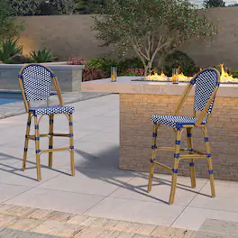 PURPLE LEAF - French Bar Height Bar Stool Set of 2 Patio Bar Chairs with Back Rattan Bar Chairs French Bistro Set - Bamboo Pattern/Royal Blue-Bar Stool