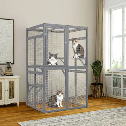 Front. Pefilos - 64" Cat House Outdoor Catio Cat Enclosures Wooden Kitty House with Platforms, Waterproof Roof, Hammock.
