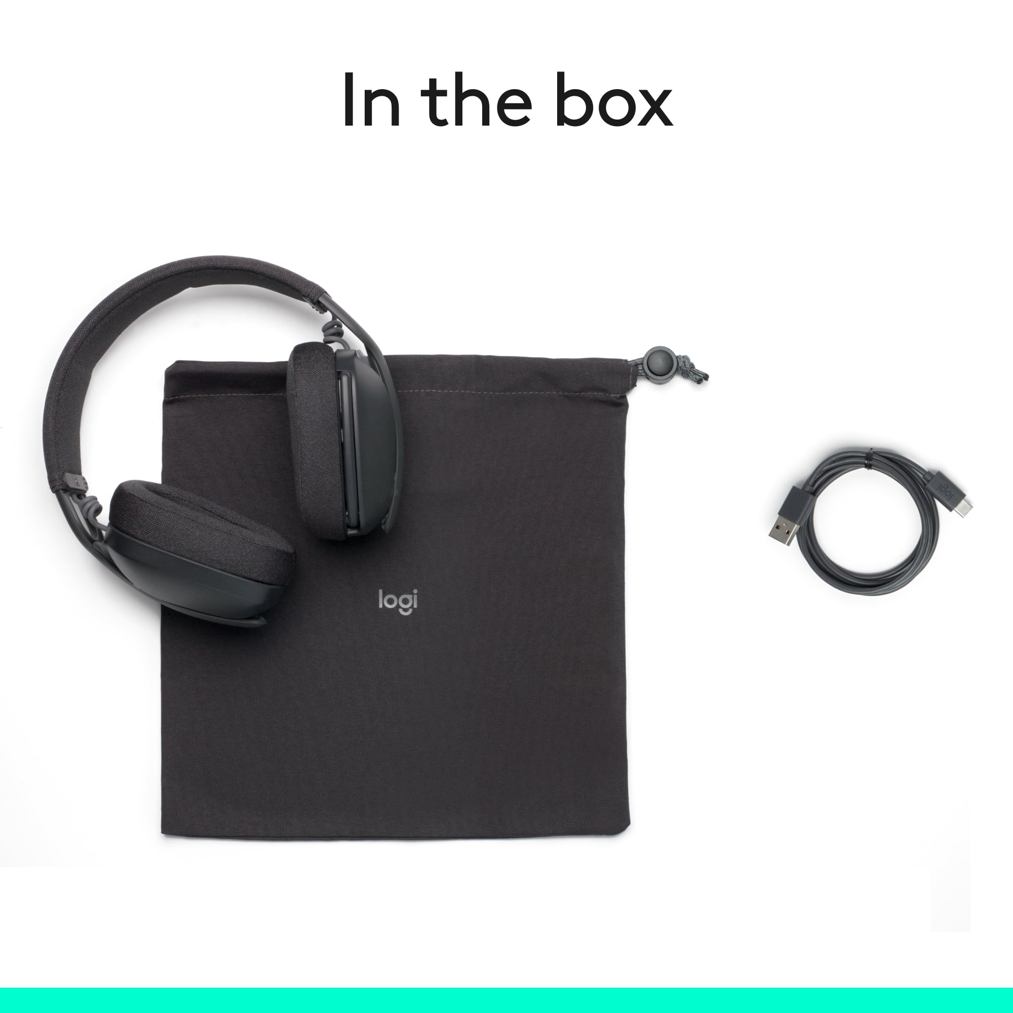 In the box, there is a pair of Logitech headphones and a USB cable.