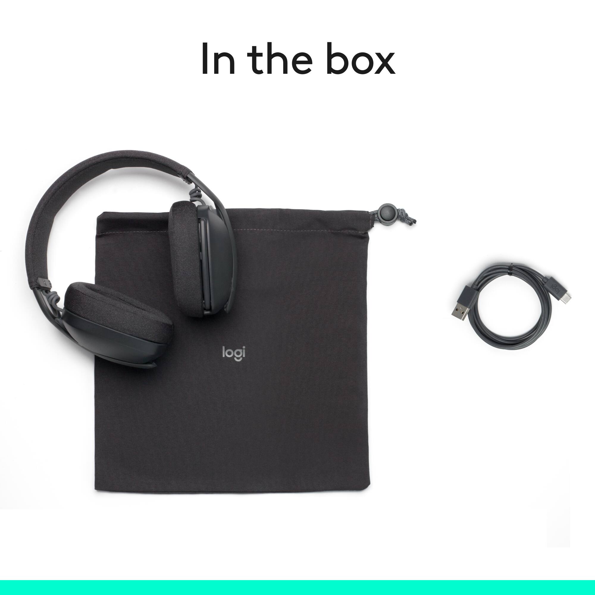 In the box, there is a pair of Logitech headphones and a USB cable.