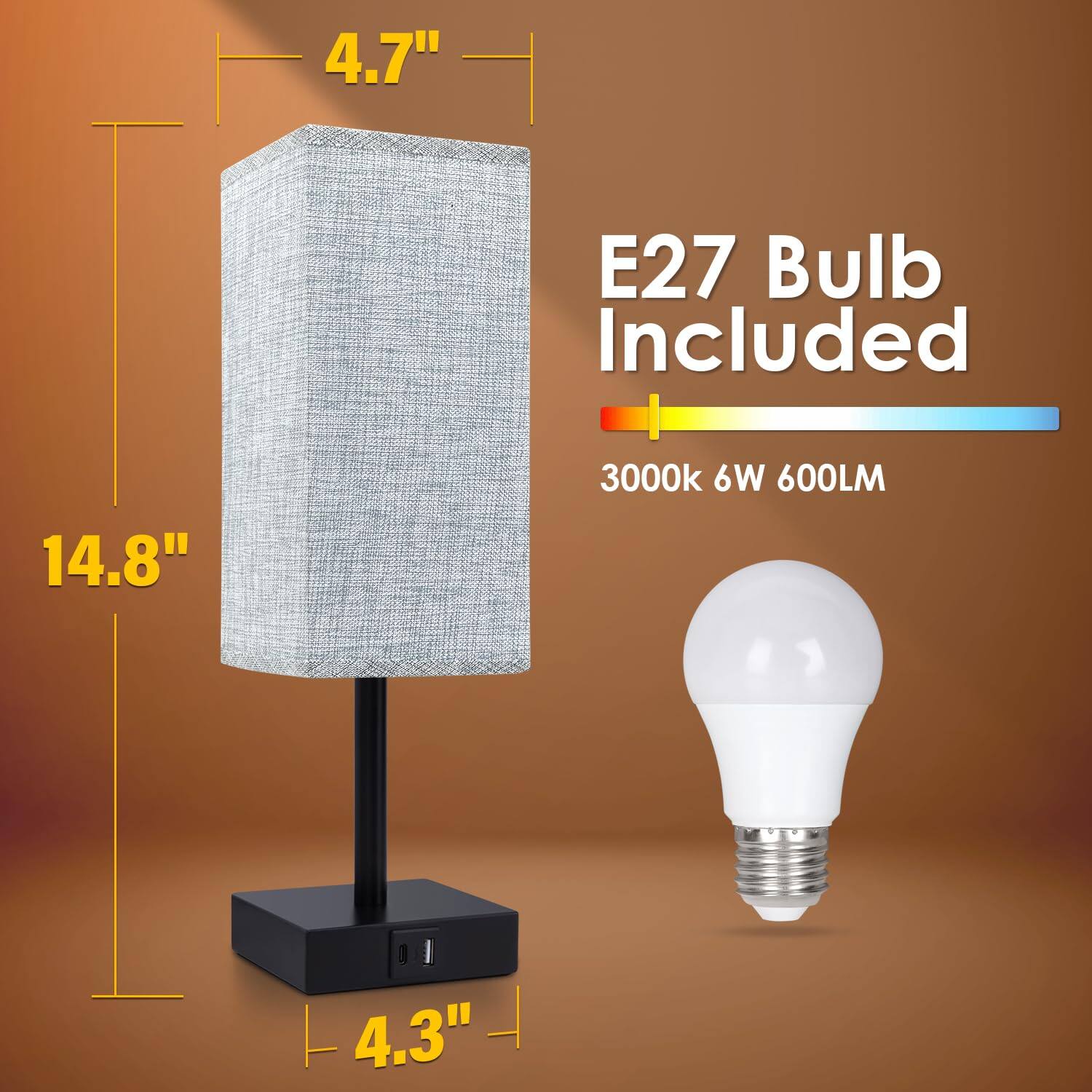 4.7"  
14.8"  
4.3"  

E27 Bulb Included  
3000k 6W 600LM
