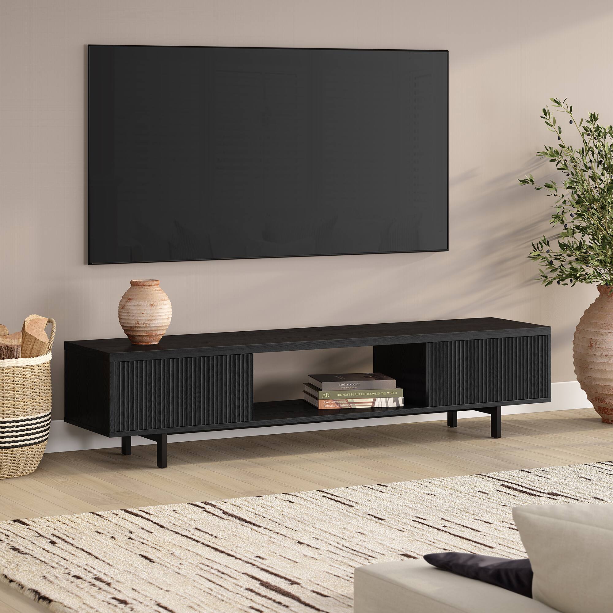 Alt View 3. Hudson&Canal - Lucien Rectangular Fluted TV Stand for TV's up to 78" in Black Grain - Black Grain.