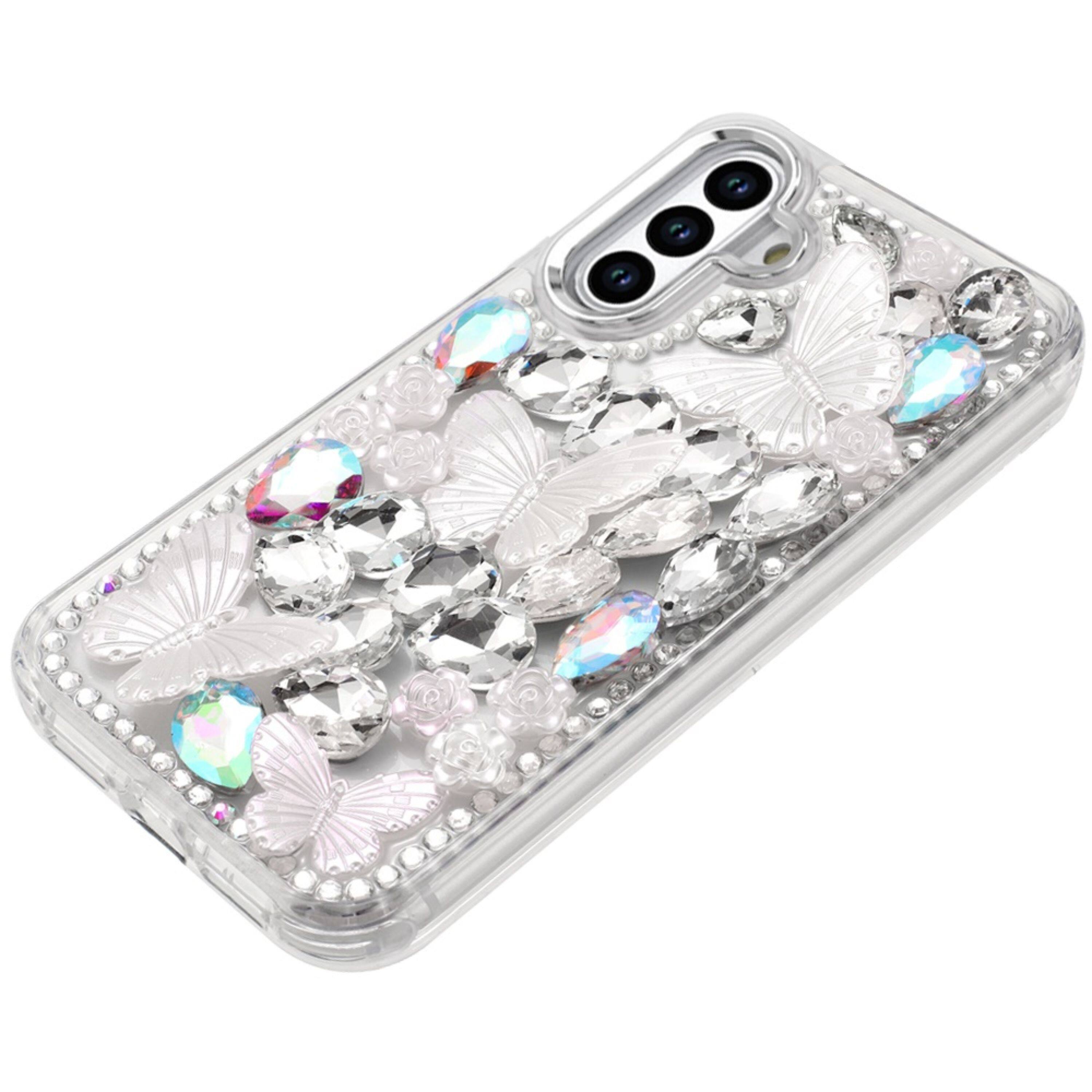 Angle. Kitcheniva - Bling Diamond Large Butterflies Cover Plus Tempered Glass For Samsung S25 FE Silver - Silver.
