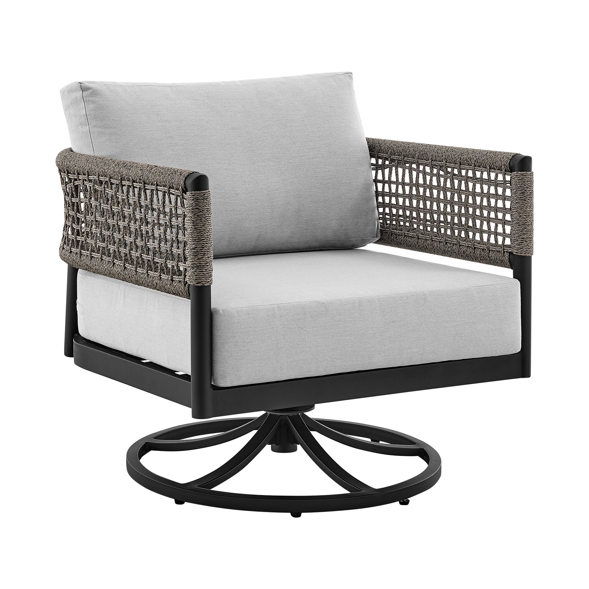 Front. Armen Living - Alegria Outdoor Patio Swivel Rocking Chair in Black Aluminum and Gray Rope with Cushions - Light Gray.