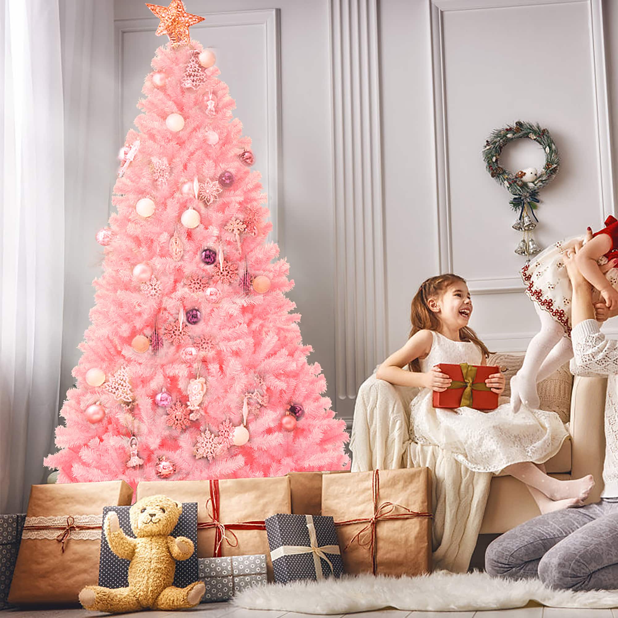 Costway - 7.5Ft Hinged Artificial Christmas Tree Full Fir Tree New PVC with Metal Stand - Pink