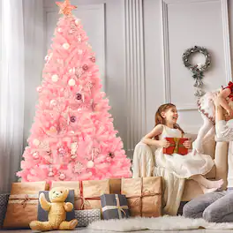 Costway - 7.5Ft Hinged Artificial Christmas Tree Full Fir Tree New PVC with Metal Stand - Pink