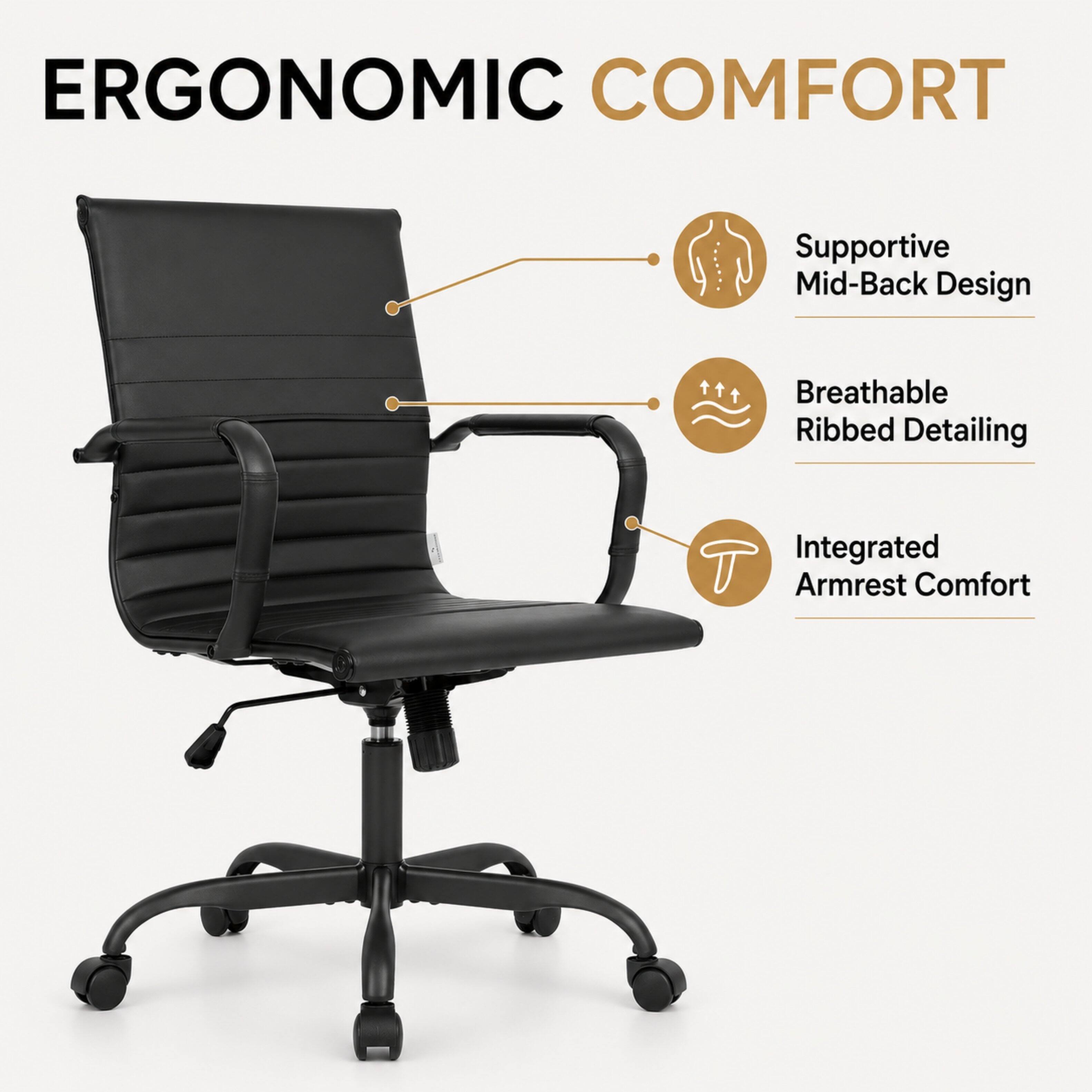 ERGONOMIC COMFORT

- Supportive Mid-Back Design
- Breathable Ribbed Detailing
- Integrated Armrest Comfort