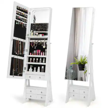 Front. Gymax - Gymax Jewelry Cabinet Armoire Full Length LED Mirror w/ 6 Drawers & Makeup Shelf White - White.