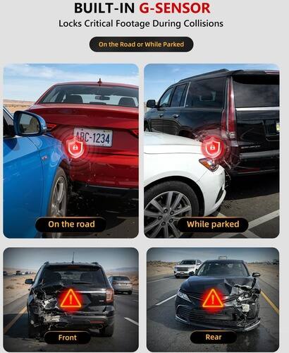 BUILT-IN G-SENSOR  
Locks Critical Footage During Collisions  
On the Road or While Parked  

On the road  
While parked  

Front  
Rear